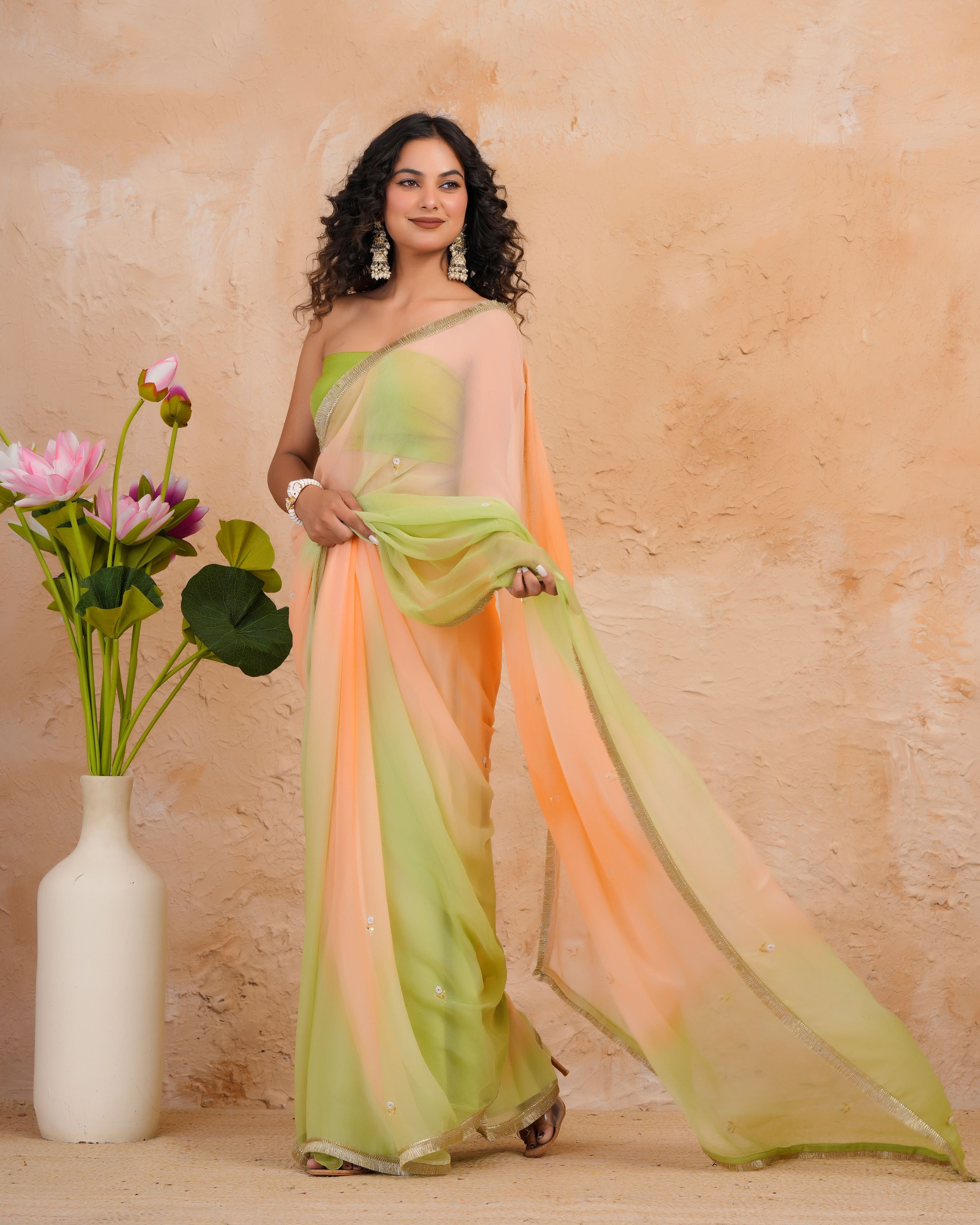 Green & Peach Shaded Chiffon Saree with Aari, Sequins & Pearl Work