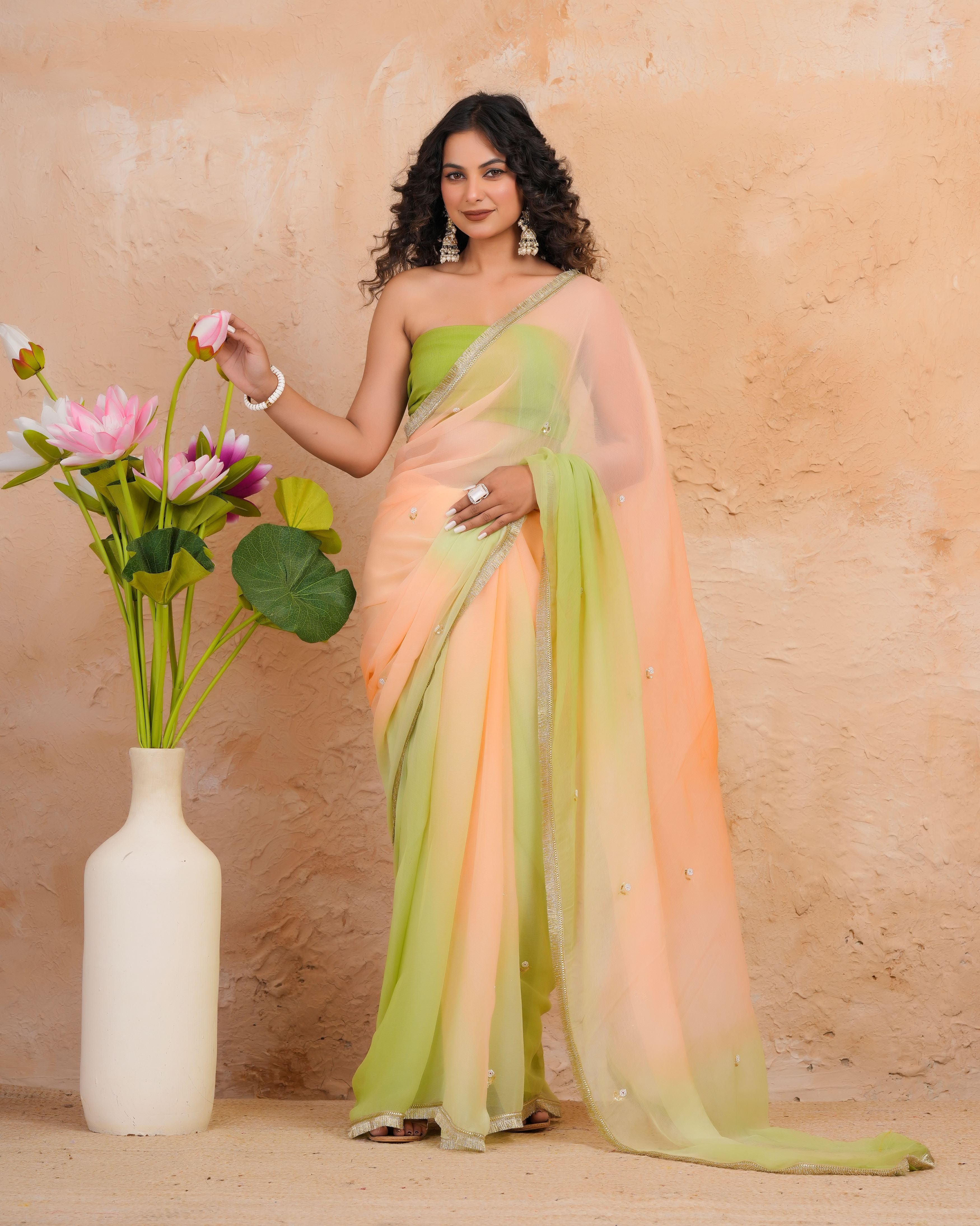 Green & Peach Shaded Chiffon Saree with Aari, Sequins & Pearl Work