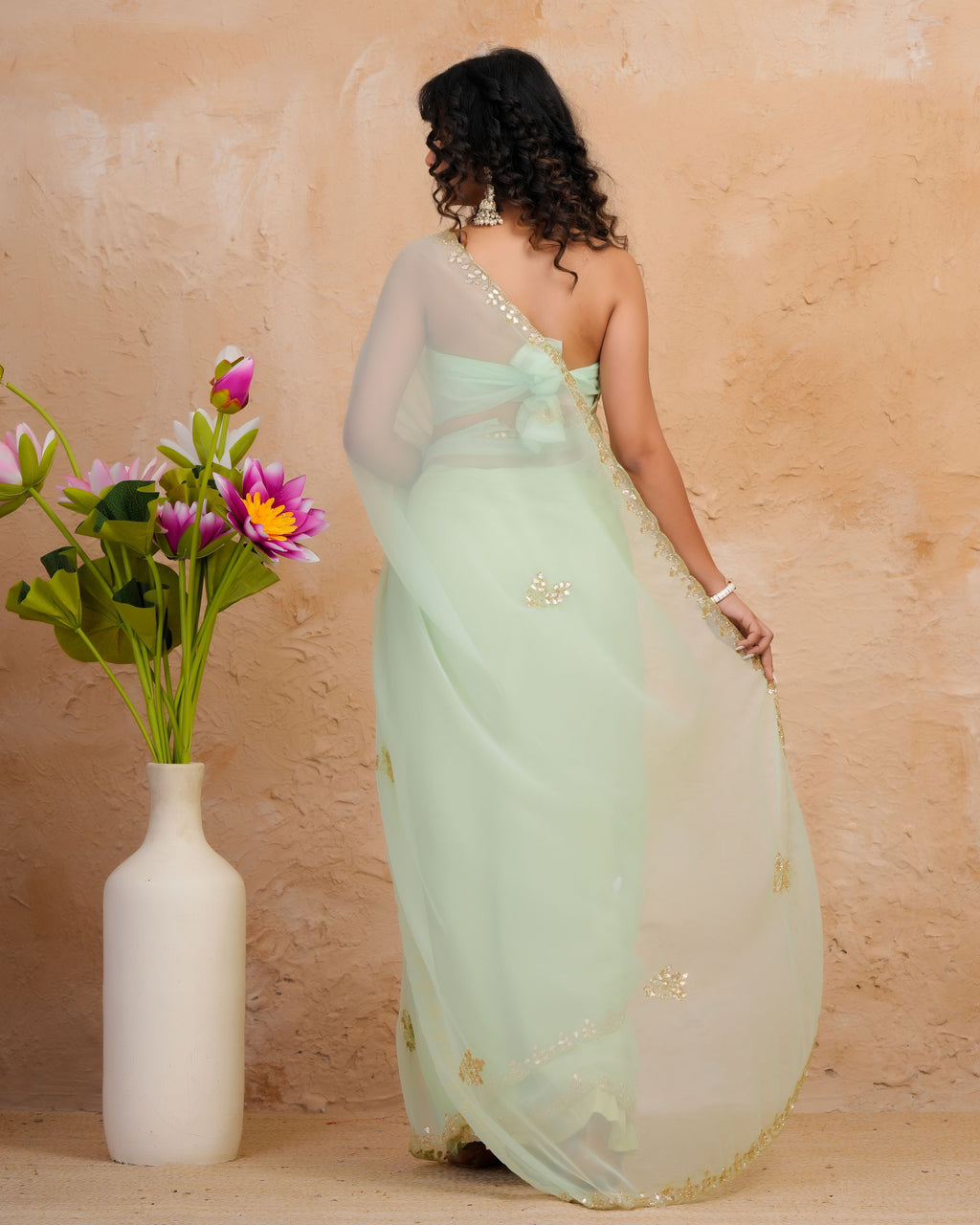 Pastel Green Chiffon Saree with Gotta Patti & Kardana Work Scallop Border