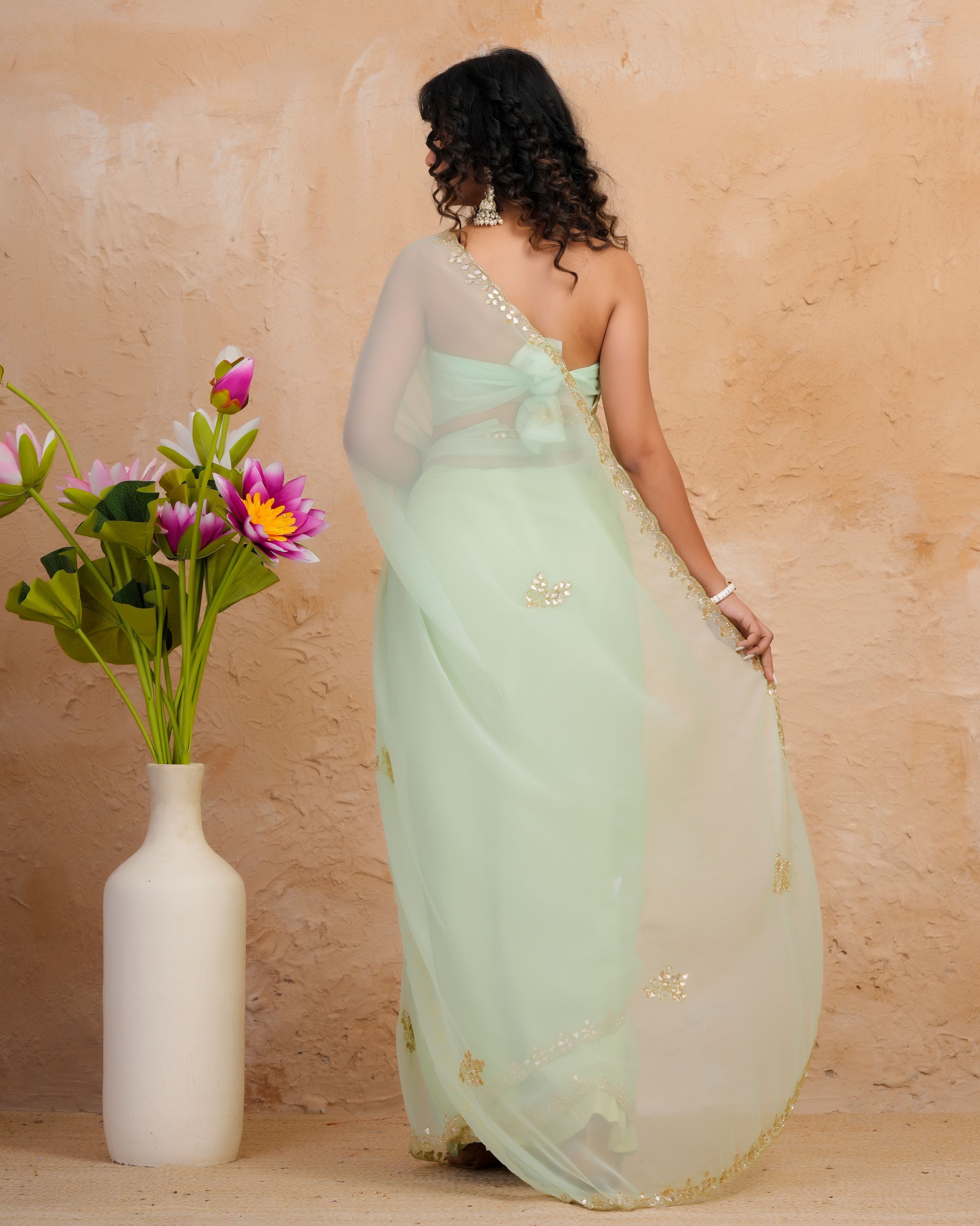 Pastel Green Chiffon Saree with Gotta Patti & Kardana Work Scallop Border