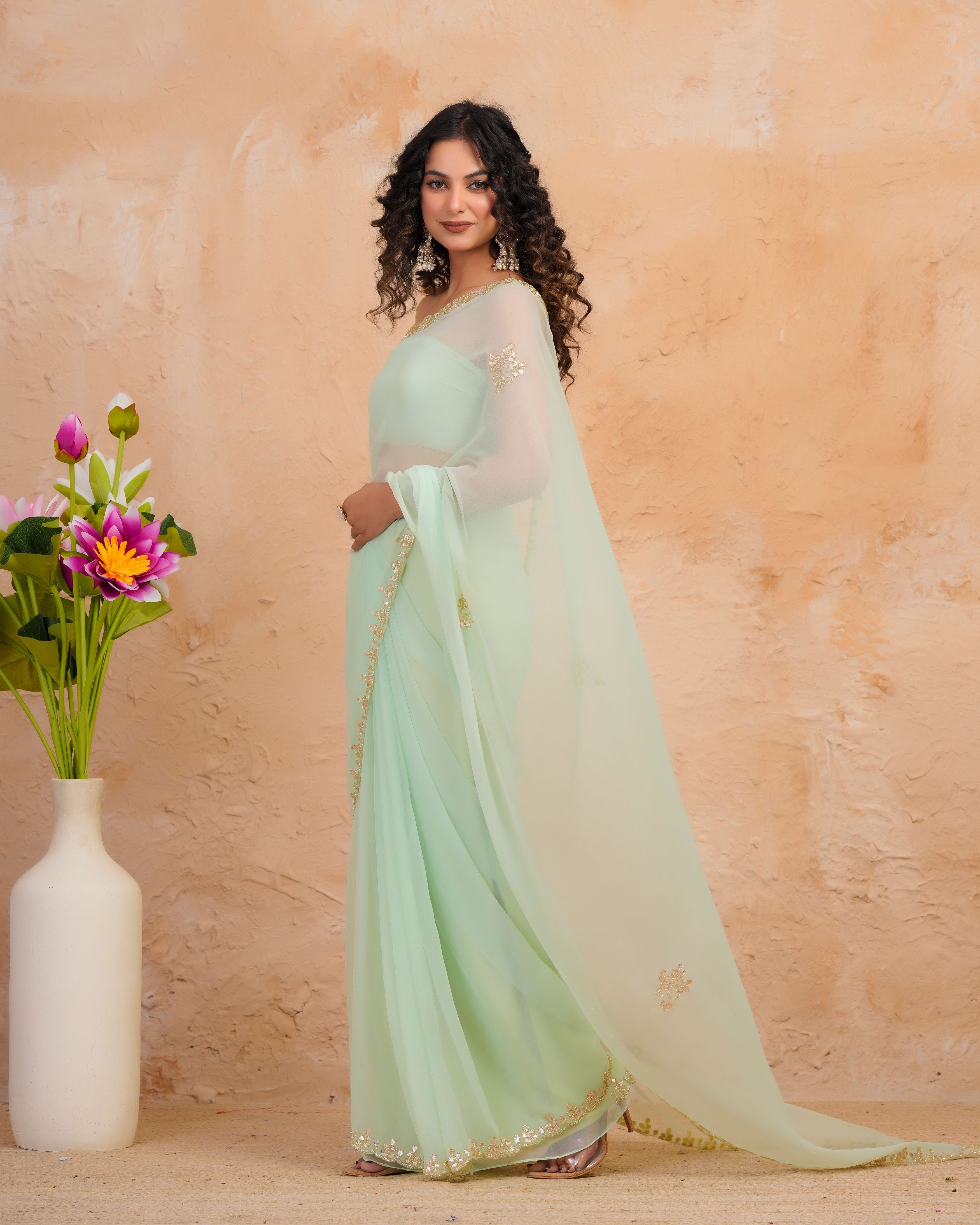 Pastel Green Chiffon Saree with Gotta Patti & Kardana Work Scallop Border
