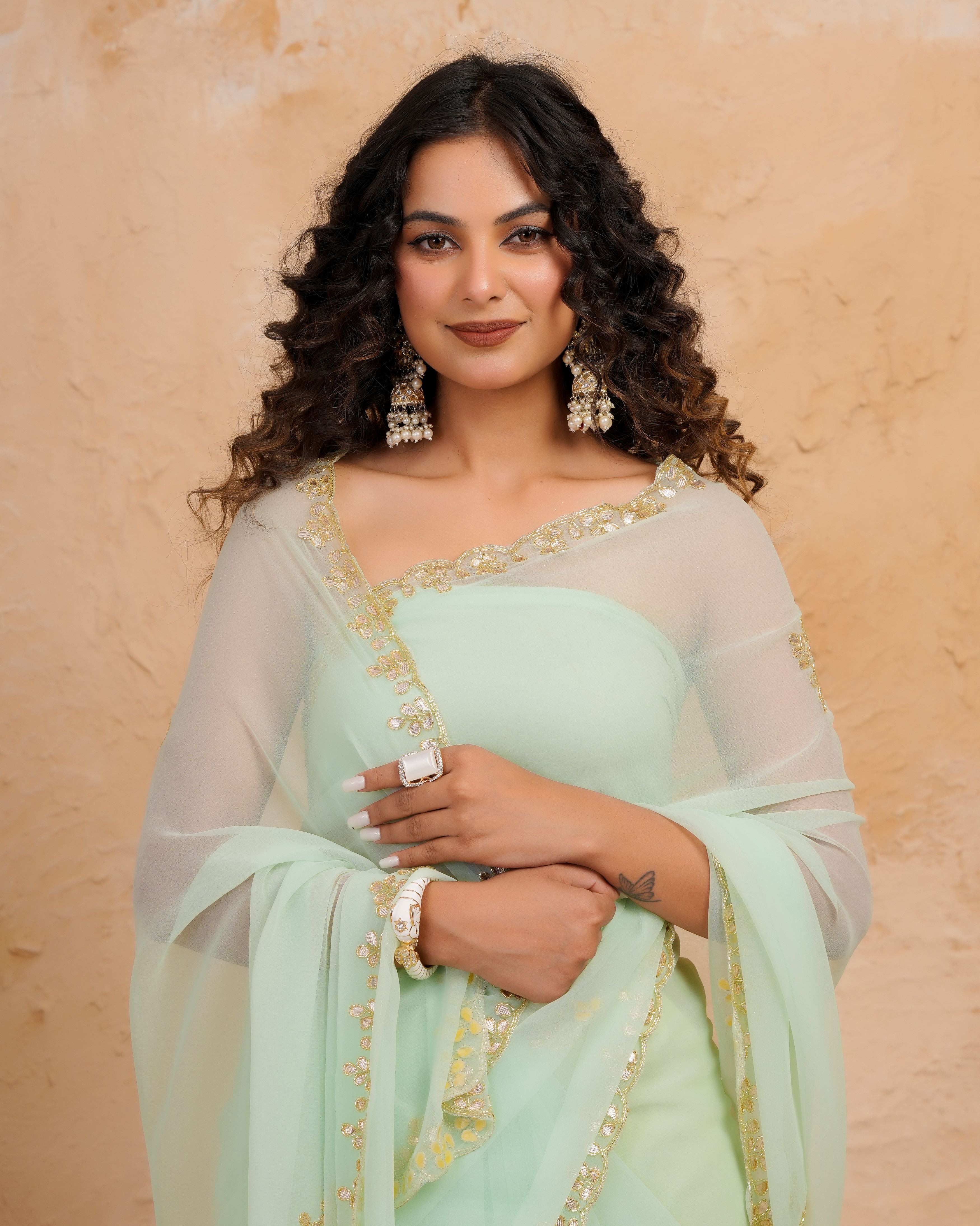 Pastel Green Chiffon Saree with Gotta Patti & Kardana Work Scallop Border