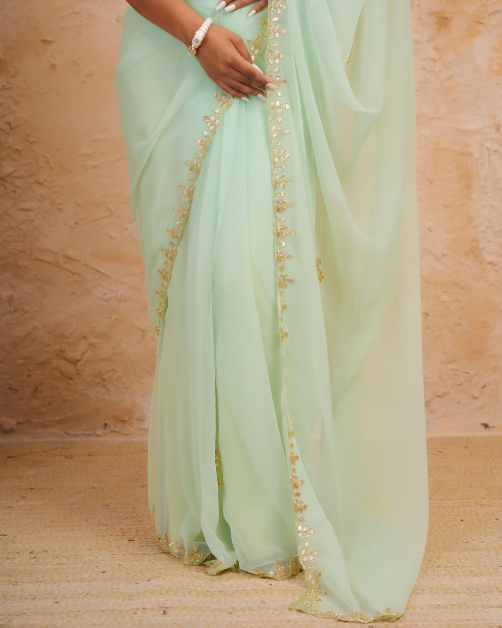 Pastel Green Chiffon Saree with Gotta Patti & Kardana Work Scallop Border