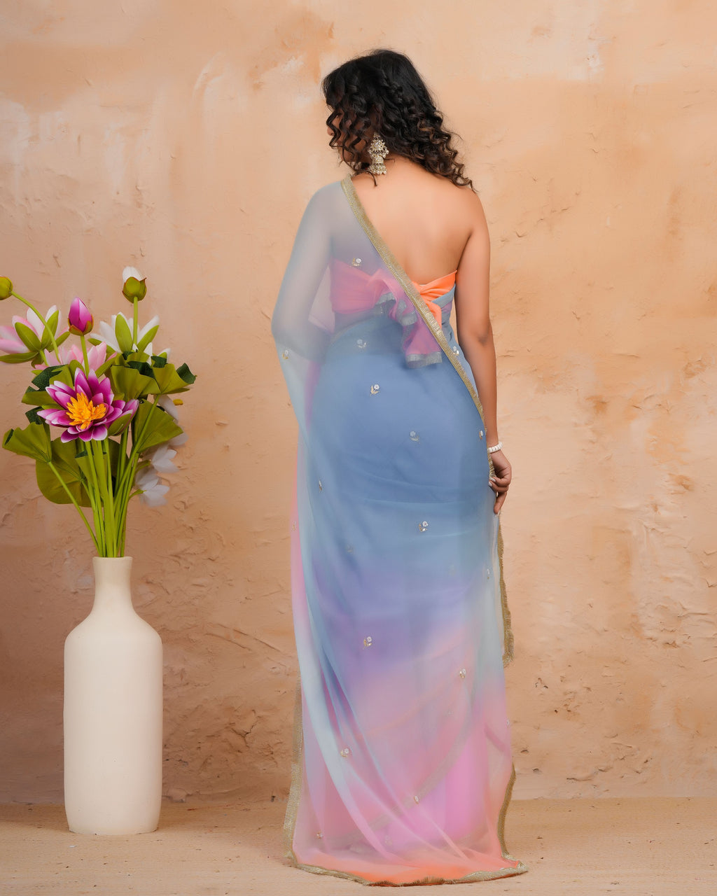 Blue & Pink Shaded Chiffon Saree with Aari, Sequins & Pearl Work