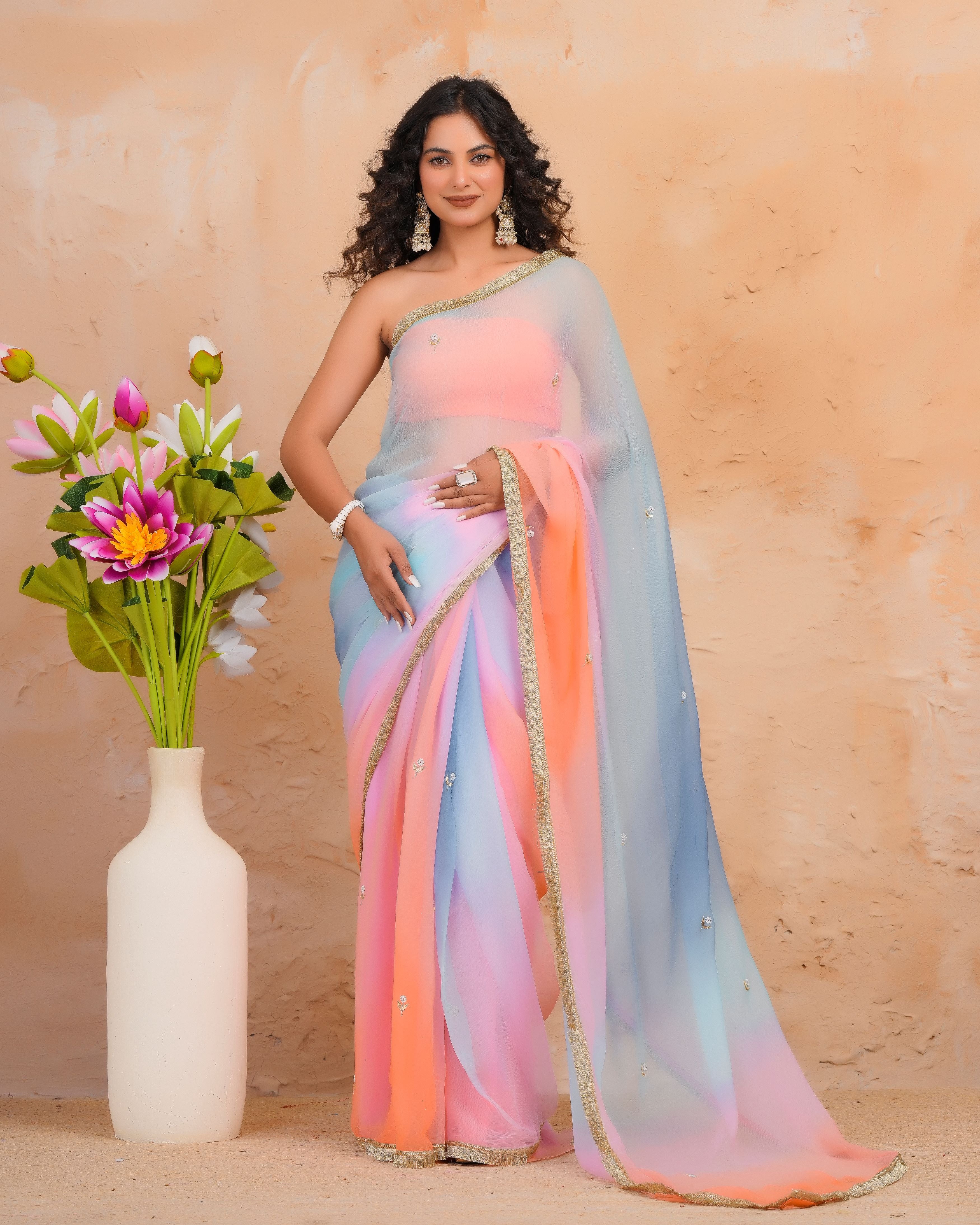 Blue & Pink Shaded Chiffon Saree with Aari, Sequins & Pearl Work
