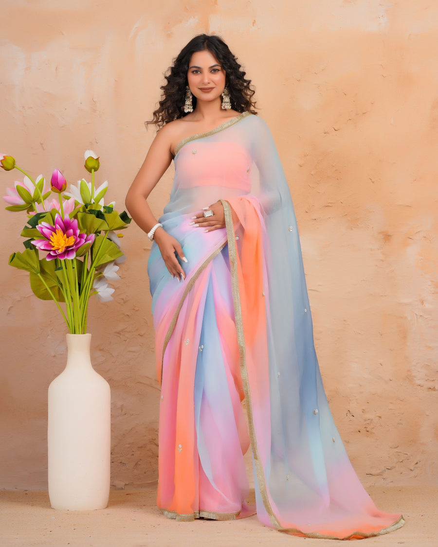 Blue & Pink Shaded Chiffon Saree with Aari, Sequins & Pearl Work