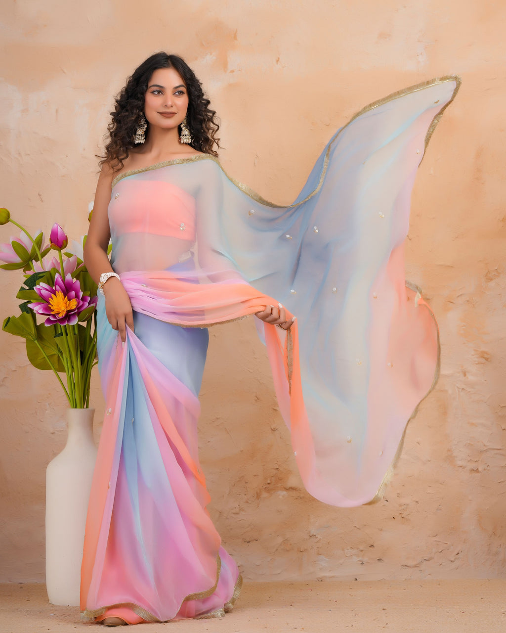 Blue & Pink Shaded Chiffon Saree with Aari, Sequins & Pearl Work