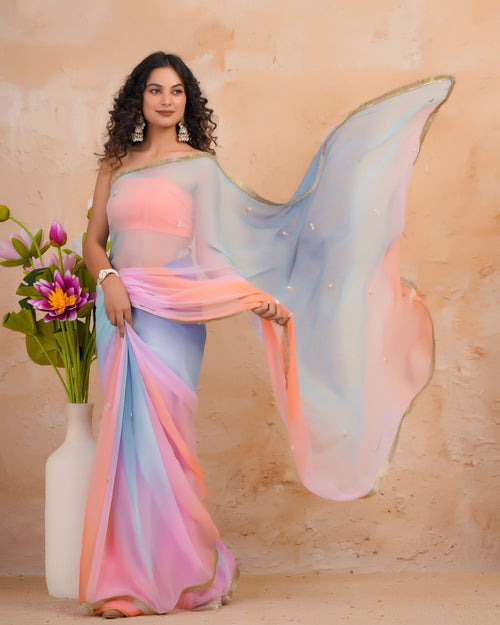 Blue & Pink Shaded Chiffon Saree with Aari, Sequins & Pearl Work