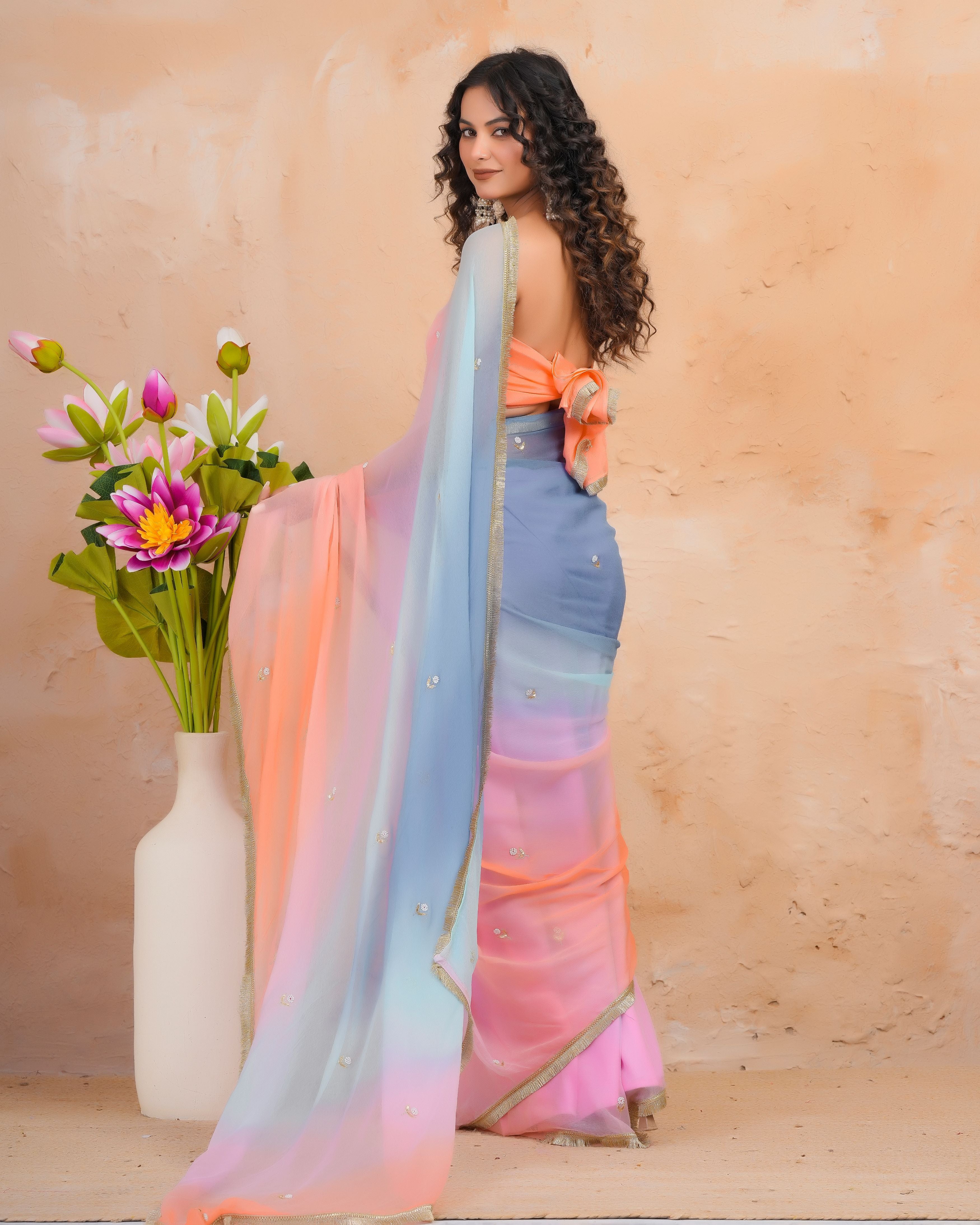 Blue & Pink Shaded Chiffon Saree with Aari, Sequins & Pearl Work