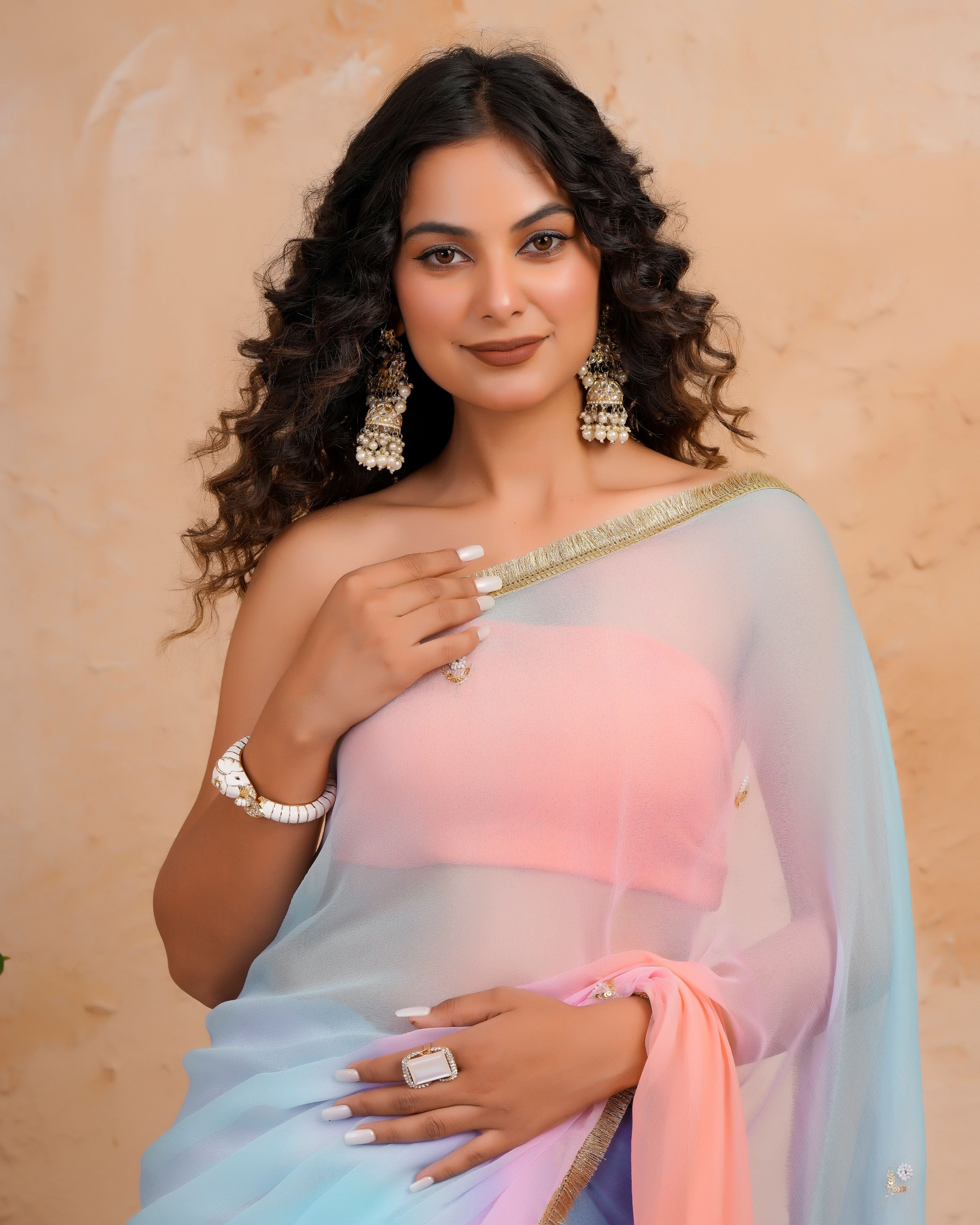 Blue & Pink Shaded Chiffon Saree with Aari, Sequins & Pearl Work