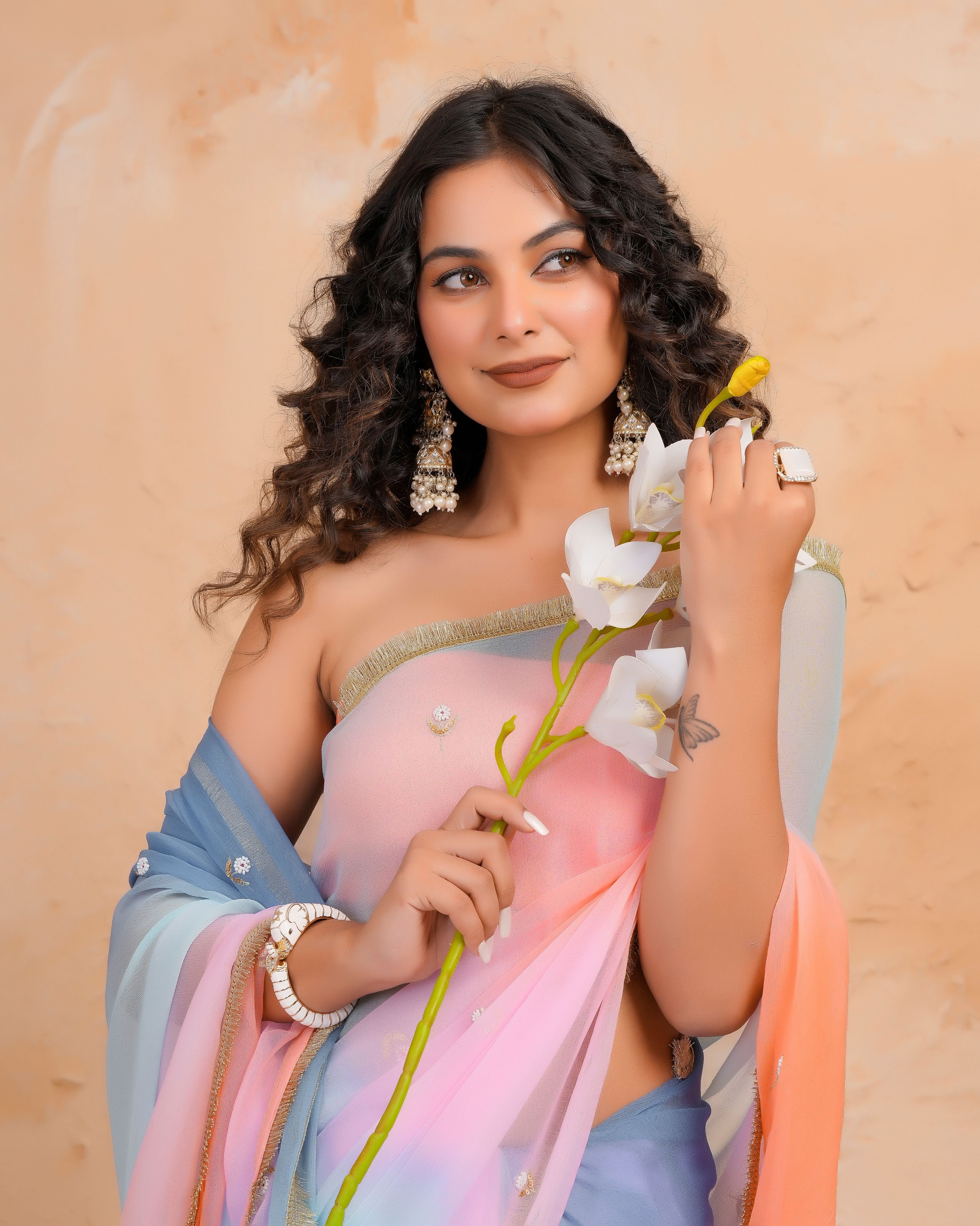 Blue & Pink Shaded Chiffon Saree with Aari, Sequins & Pearl Work