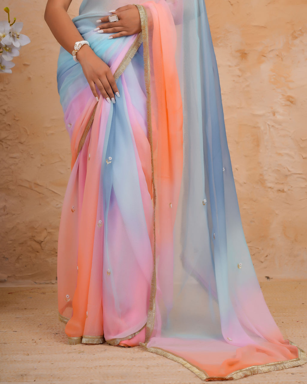Blue & Pink Shaded Chiffon Saree with Aari, Sequins & Pearl Work