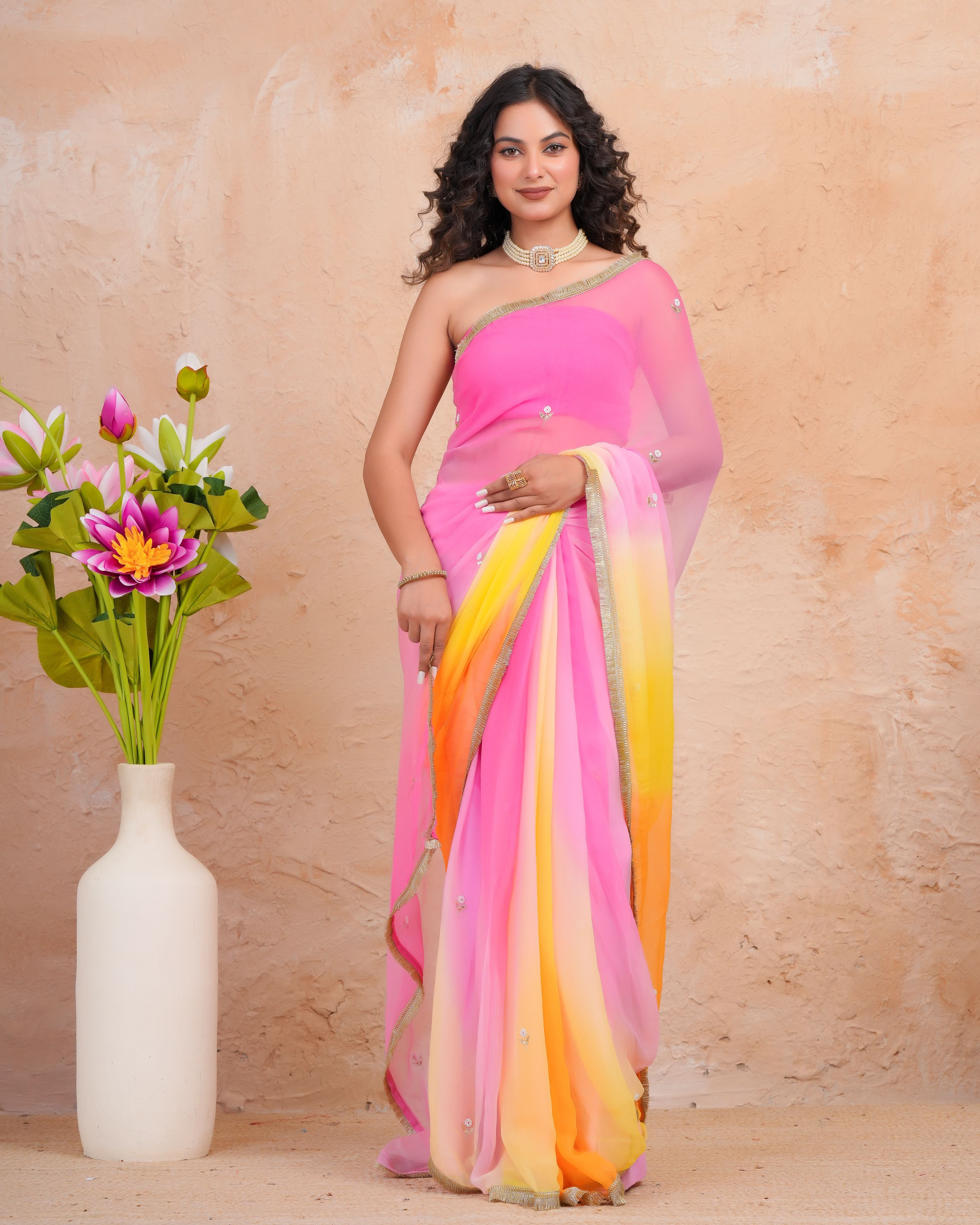 Yellow & Pink Shaded Chiffon Saree with Aari, Sequins & Pearl Work
