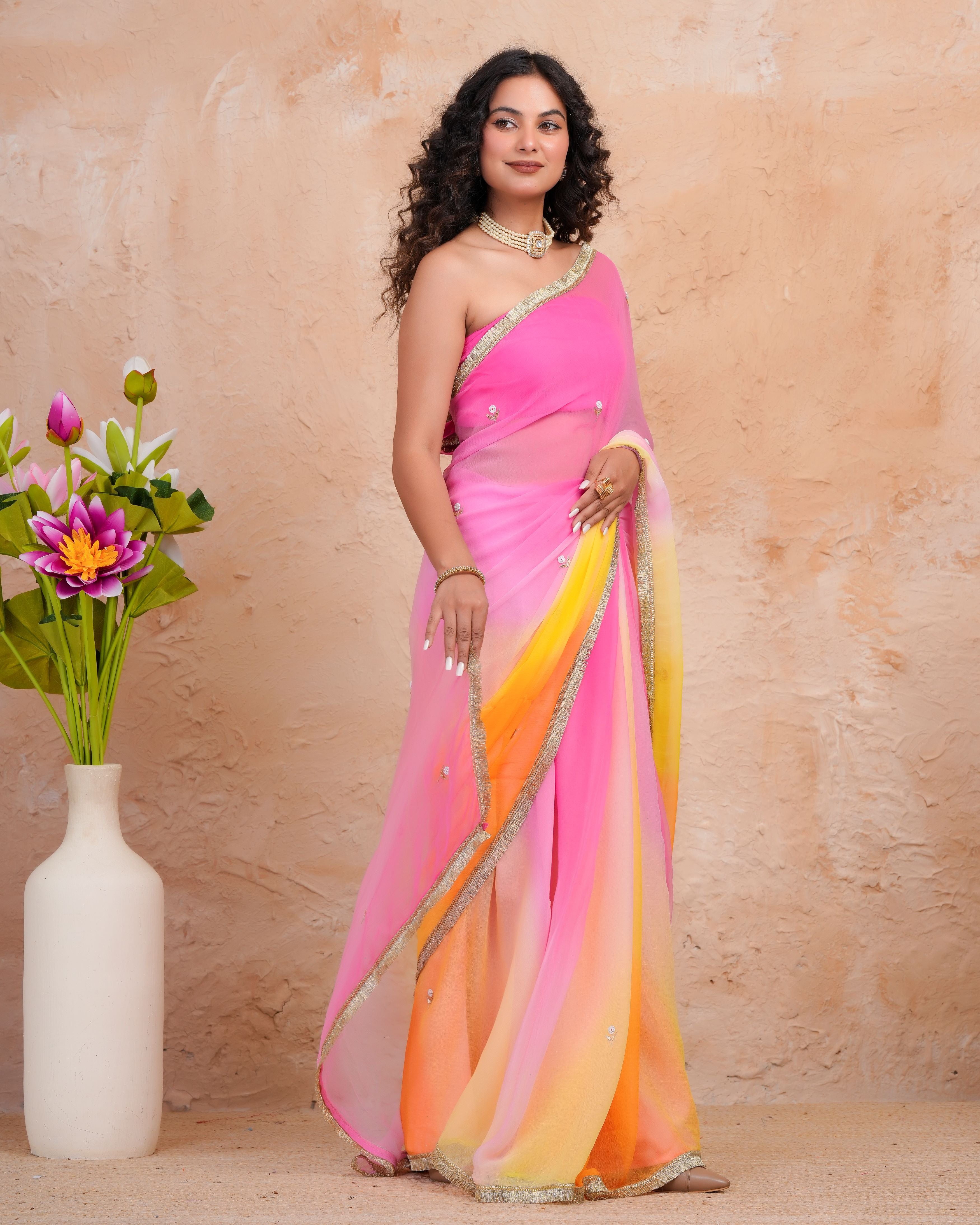 Yellow & Pink Shaded Chiffon Saree with Aari, Sequins & Pearl Work