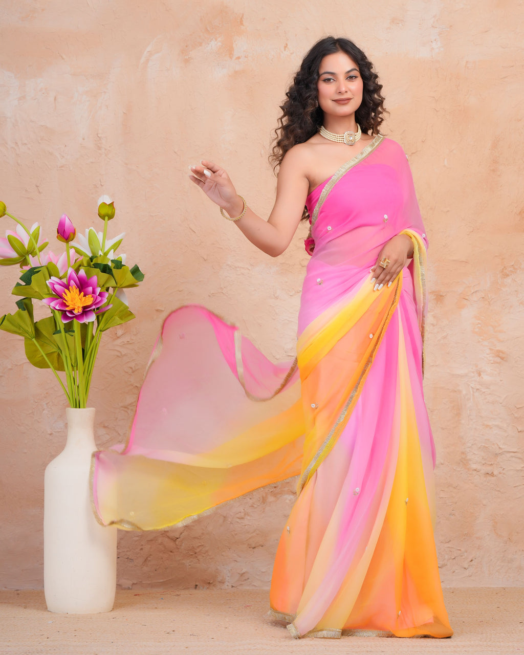Yellow & Pink Shaded Chiffon Saree with Aari, Sequins & Pearl Work