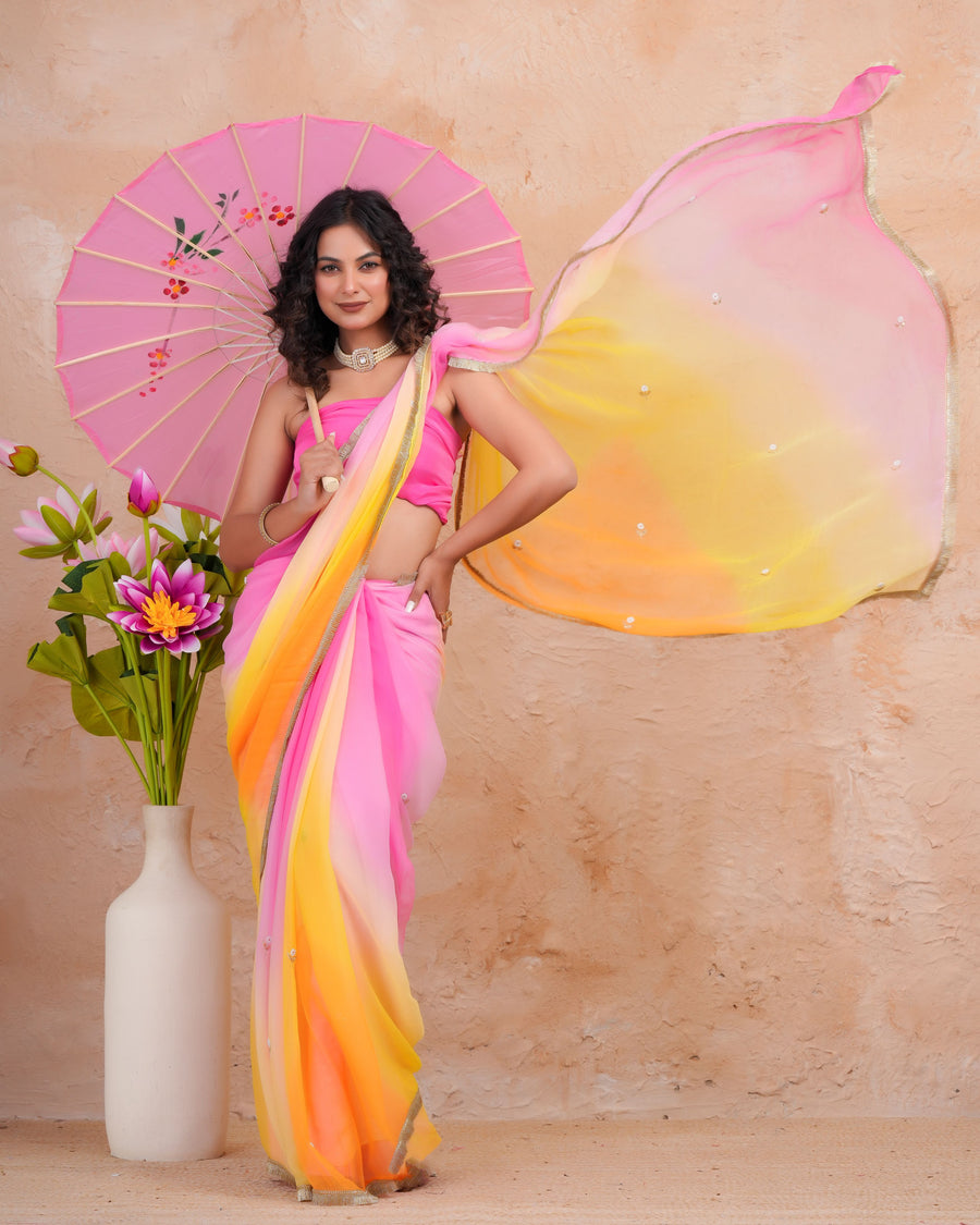 Yellow & Pink Shaded Chiffon Saree with Aari, Sequins & Pearl Work