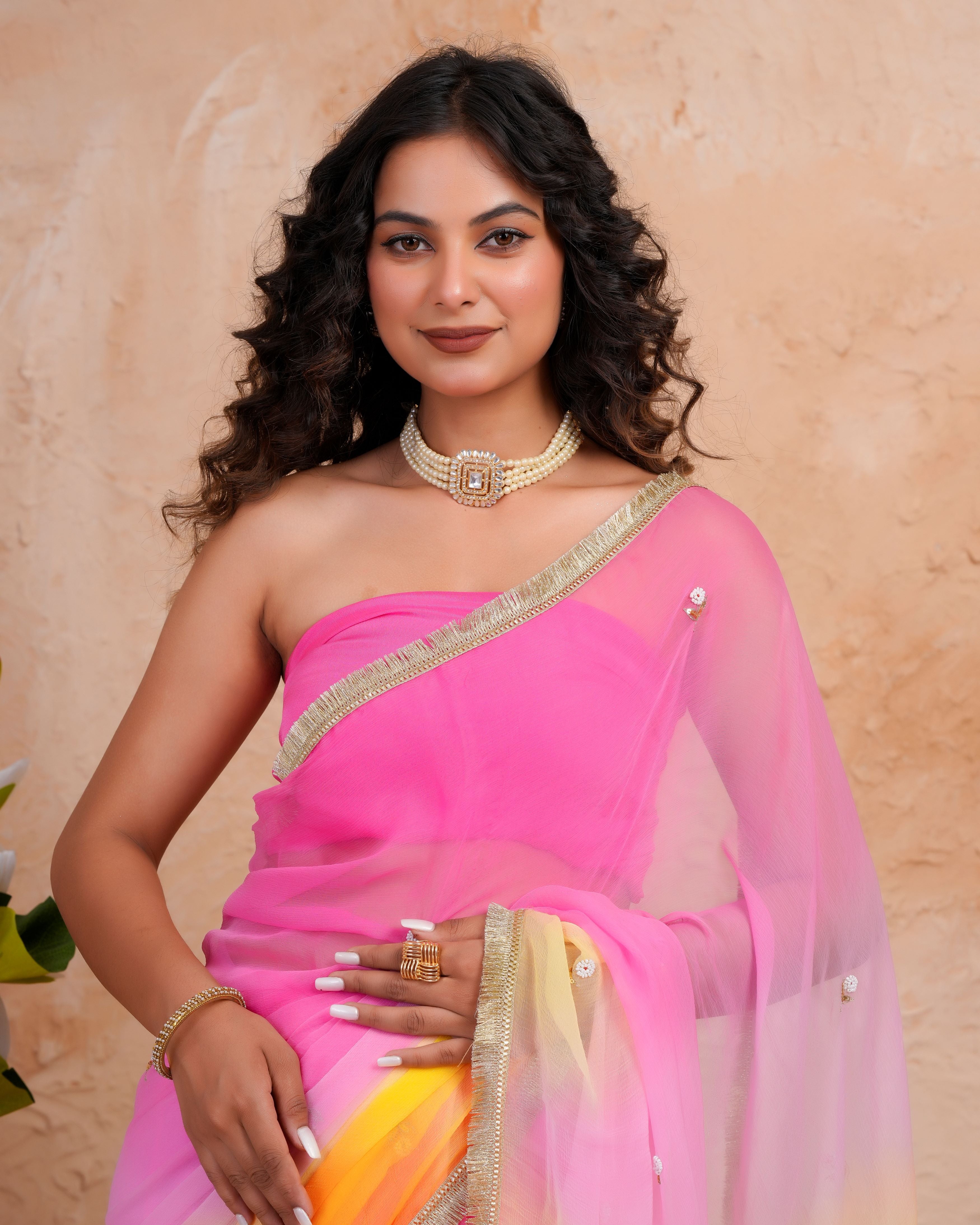 Yellow & Pink Shaded Chiffon Saree with Aari, Sequins & Pearl Work