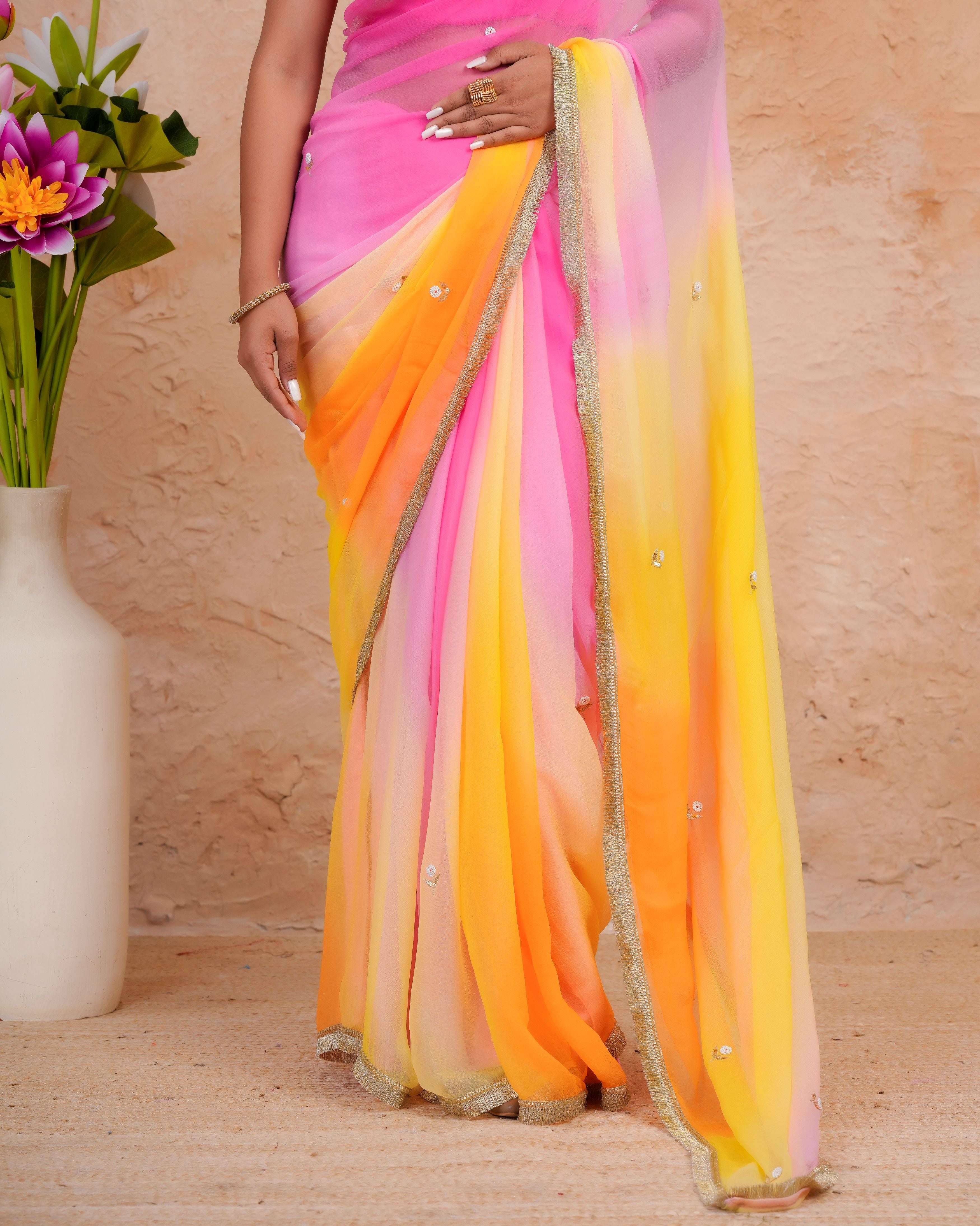 Yellow & Pink Shaded Chiffon Saree with Aari, Sequins & Pearl Work