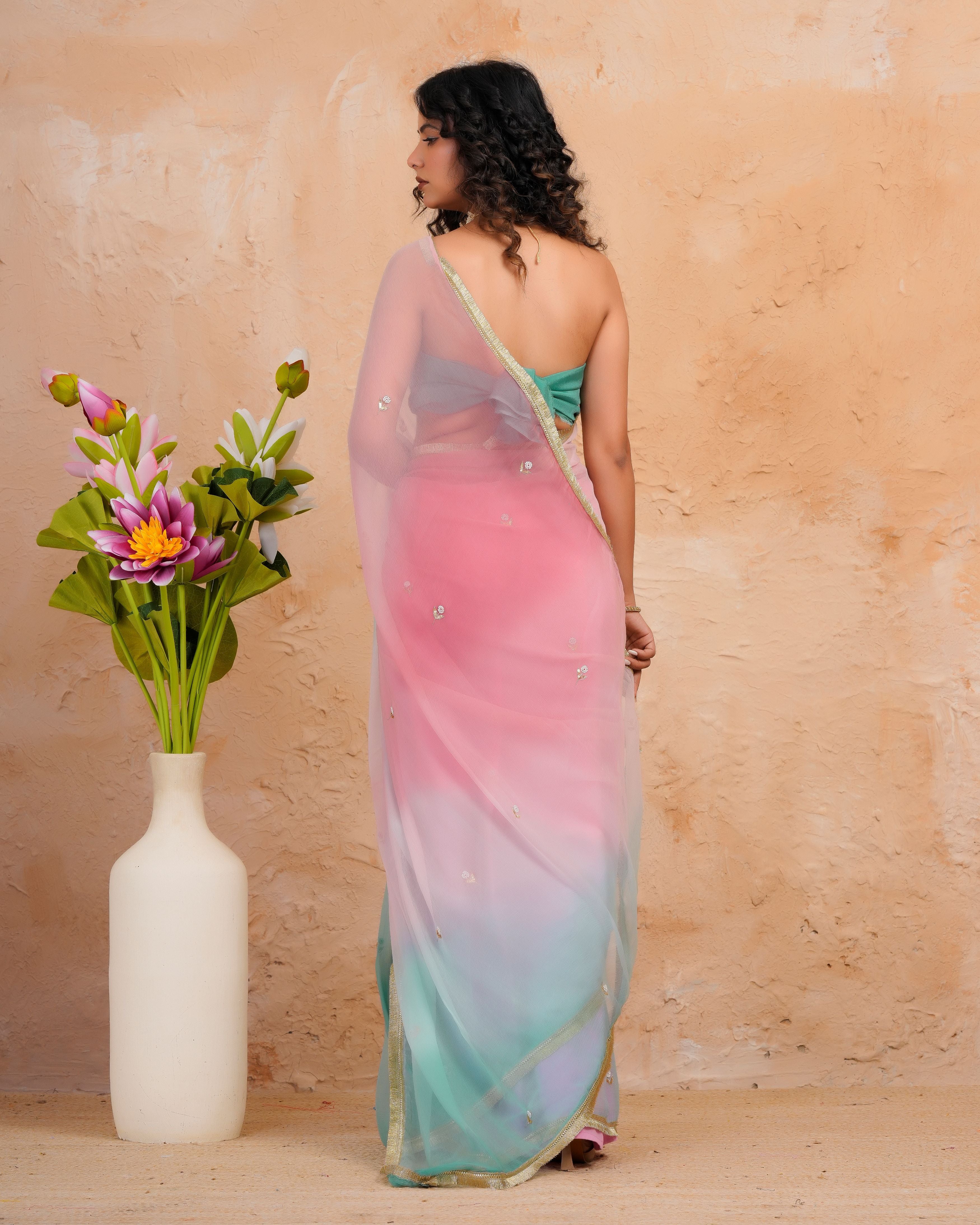 Sea Green & Pink Shaded Chiffon Saree with Aari, Sequins & Pearl Work