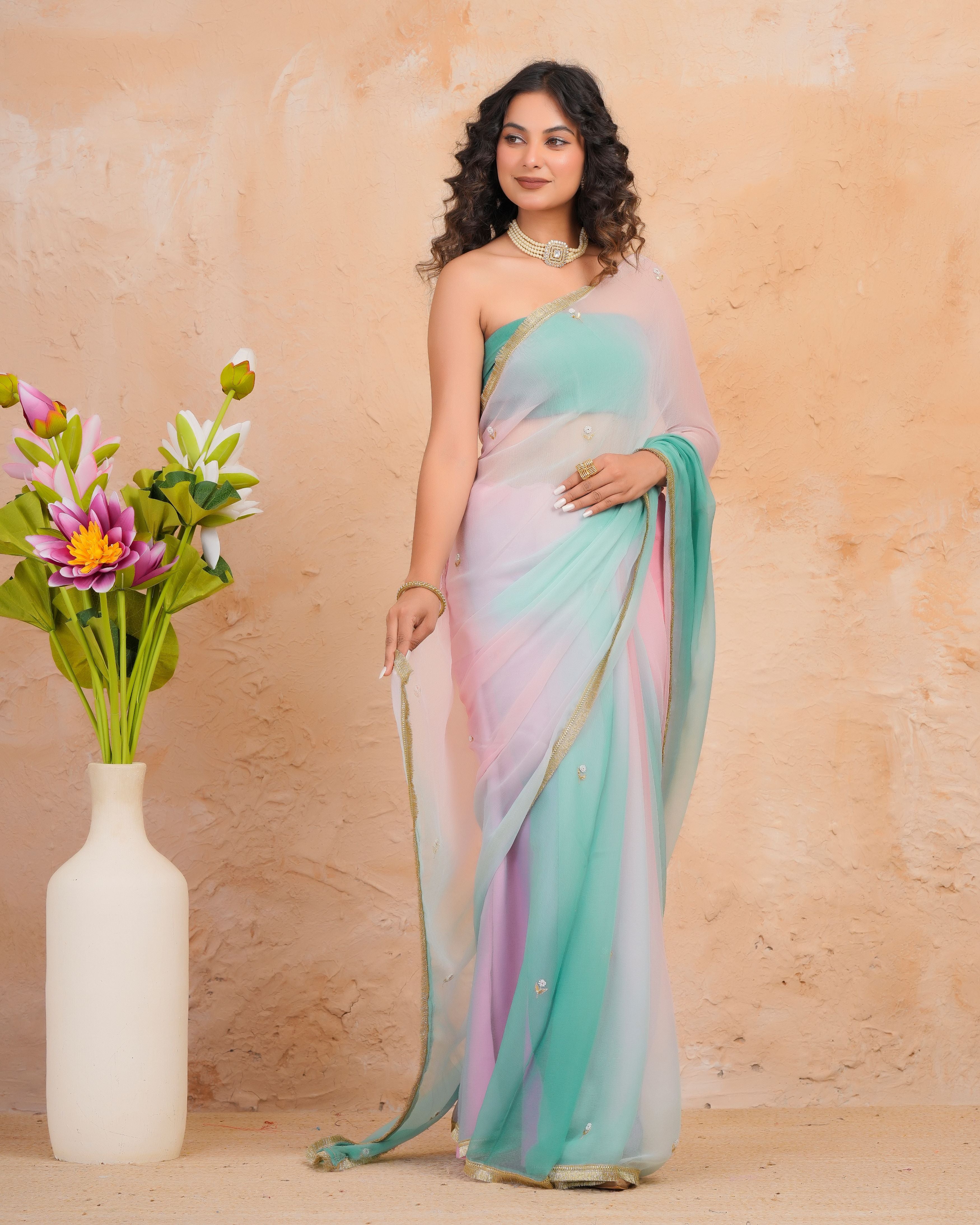 Sea Green & Pink Shaded Chiffon Saree with Aari, Sequins & Pearl Work