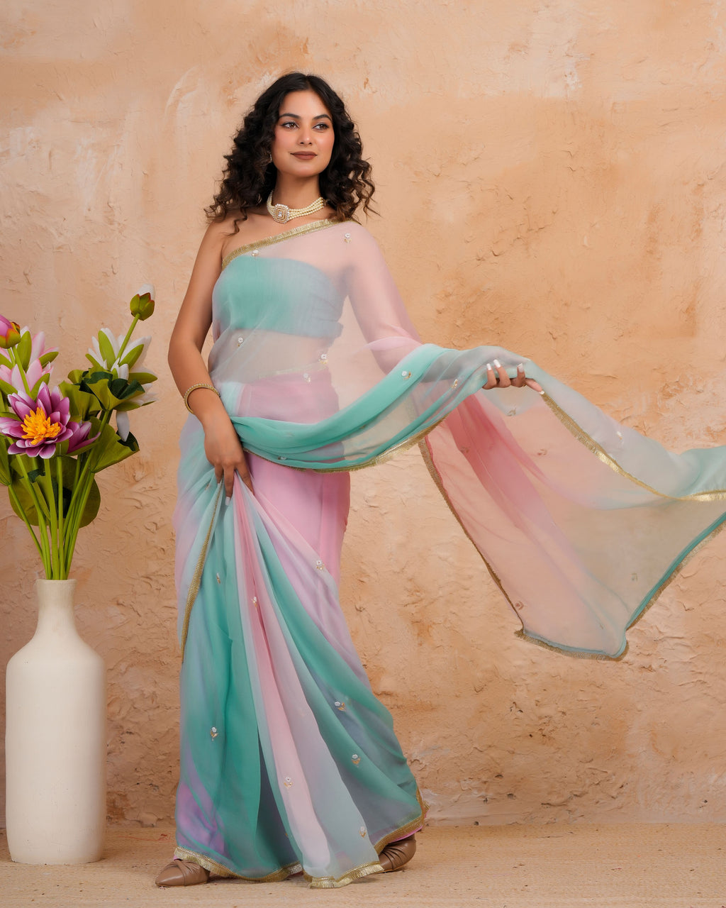 Sea Green & Pink Shaded Chiffon Saree with Aari, Sequins & Pearl Work
