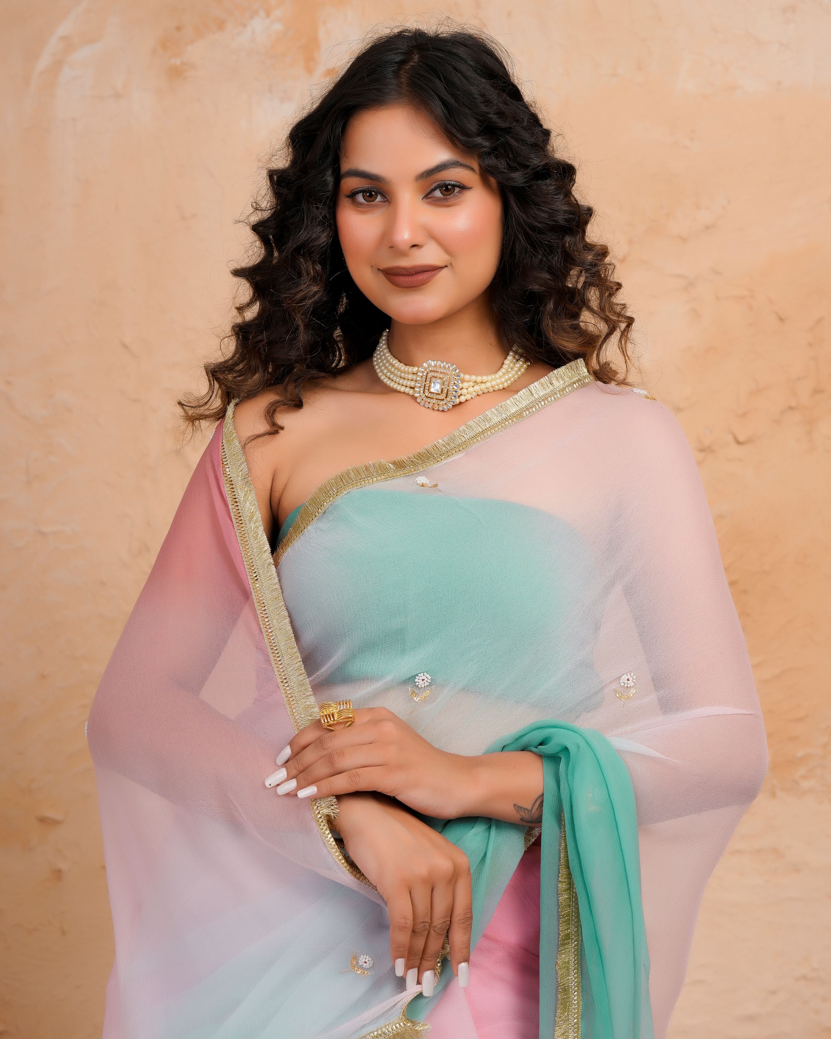 Sea Green & Pink Shaded Chiffon Saree with Aari, Sequins & Pearl Work