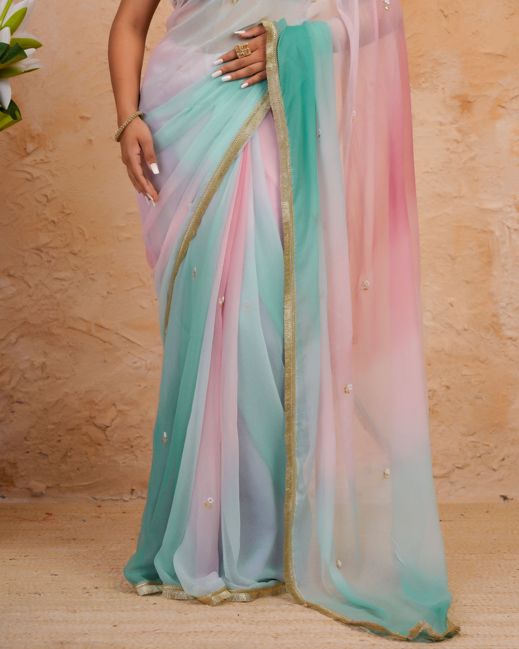 Sea Green & Pink Shaded Chiffon Saree with Aari, Sequins & Pearl Work