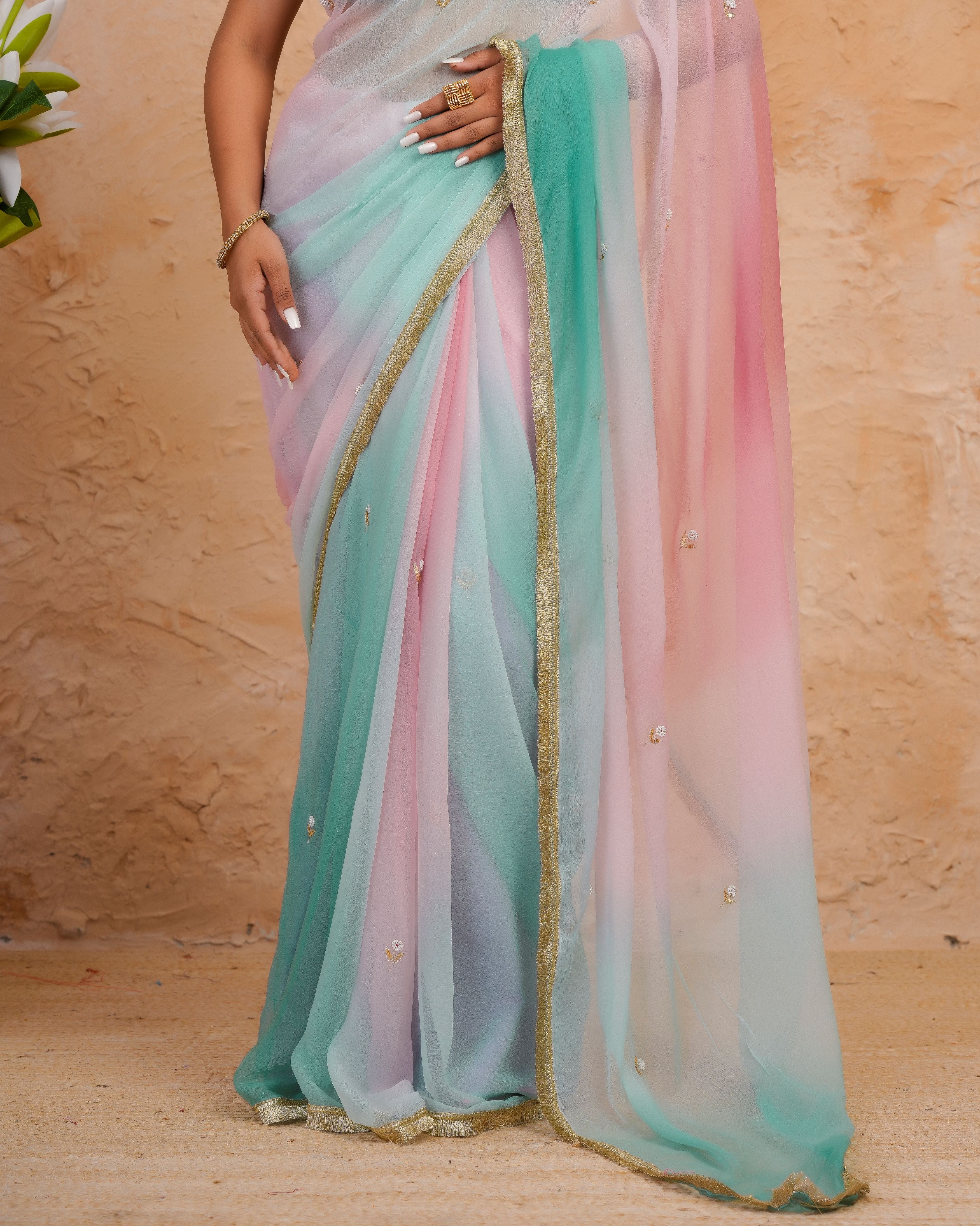 Sea Green & Pink Shaded Chiffon Saree with Aari, Sequins & Pearl Work