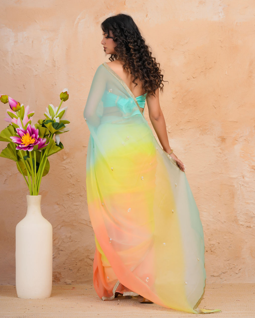 Turquoise Blue & Peach Shaded Chiffon Saree with Aari, Sequins & Pearl Work