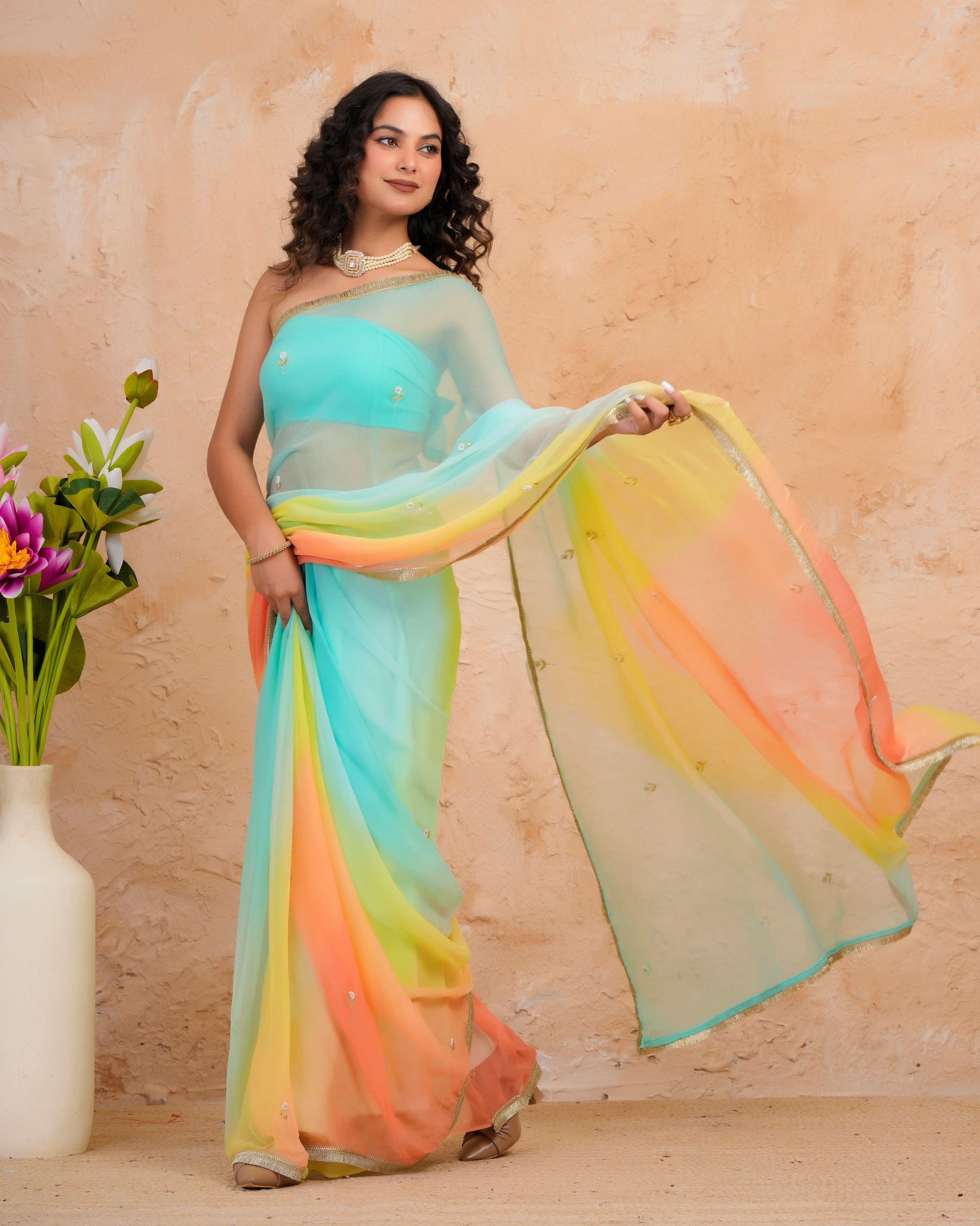 Turquoise Blue & Peach Shaded Chiffon Saree with Aari, Sequins & Pearl Work