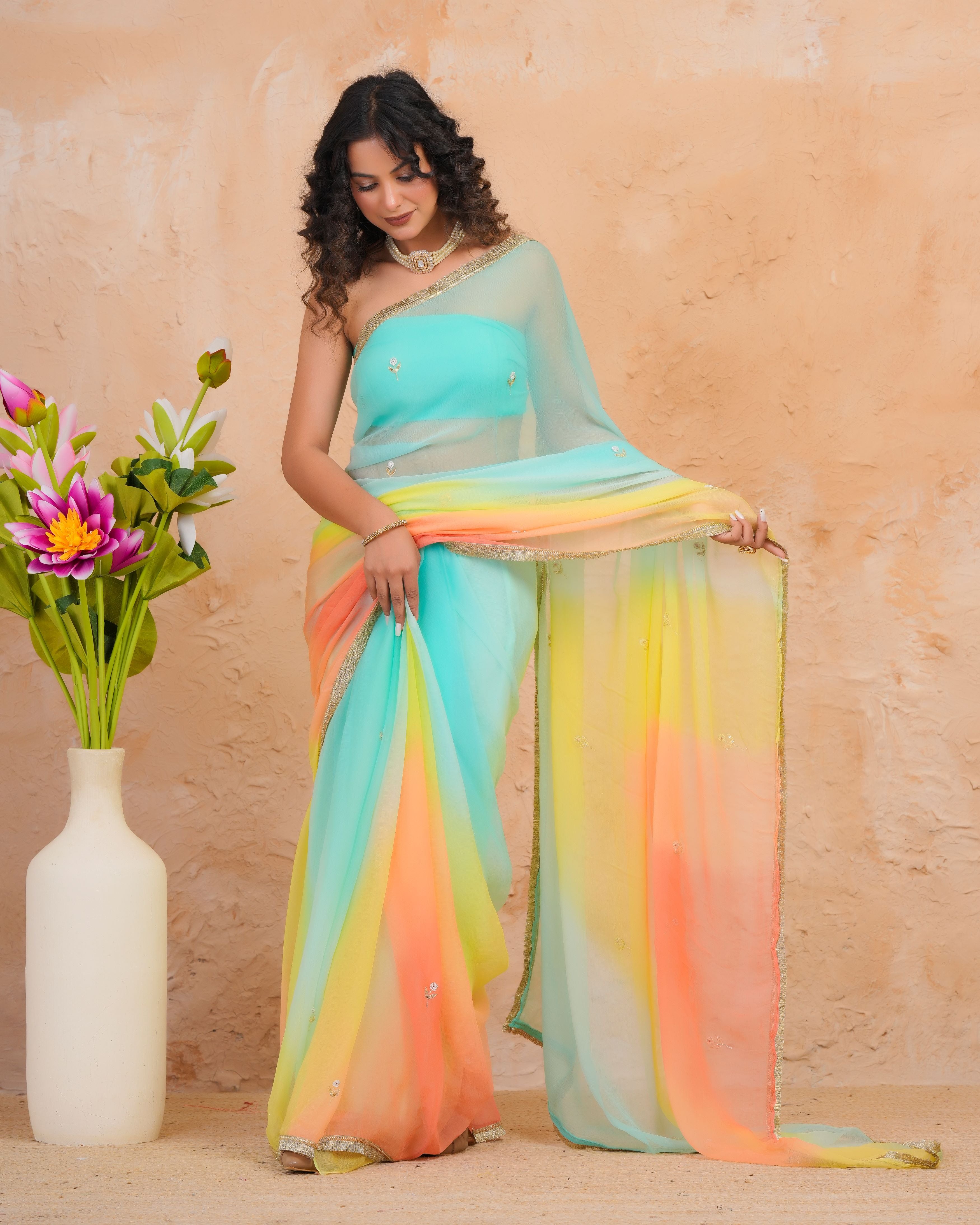 Turquoise Blue & Peach Shaded Chiffon Saree with Aari, Sequins & Pearl Work