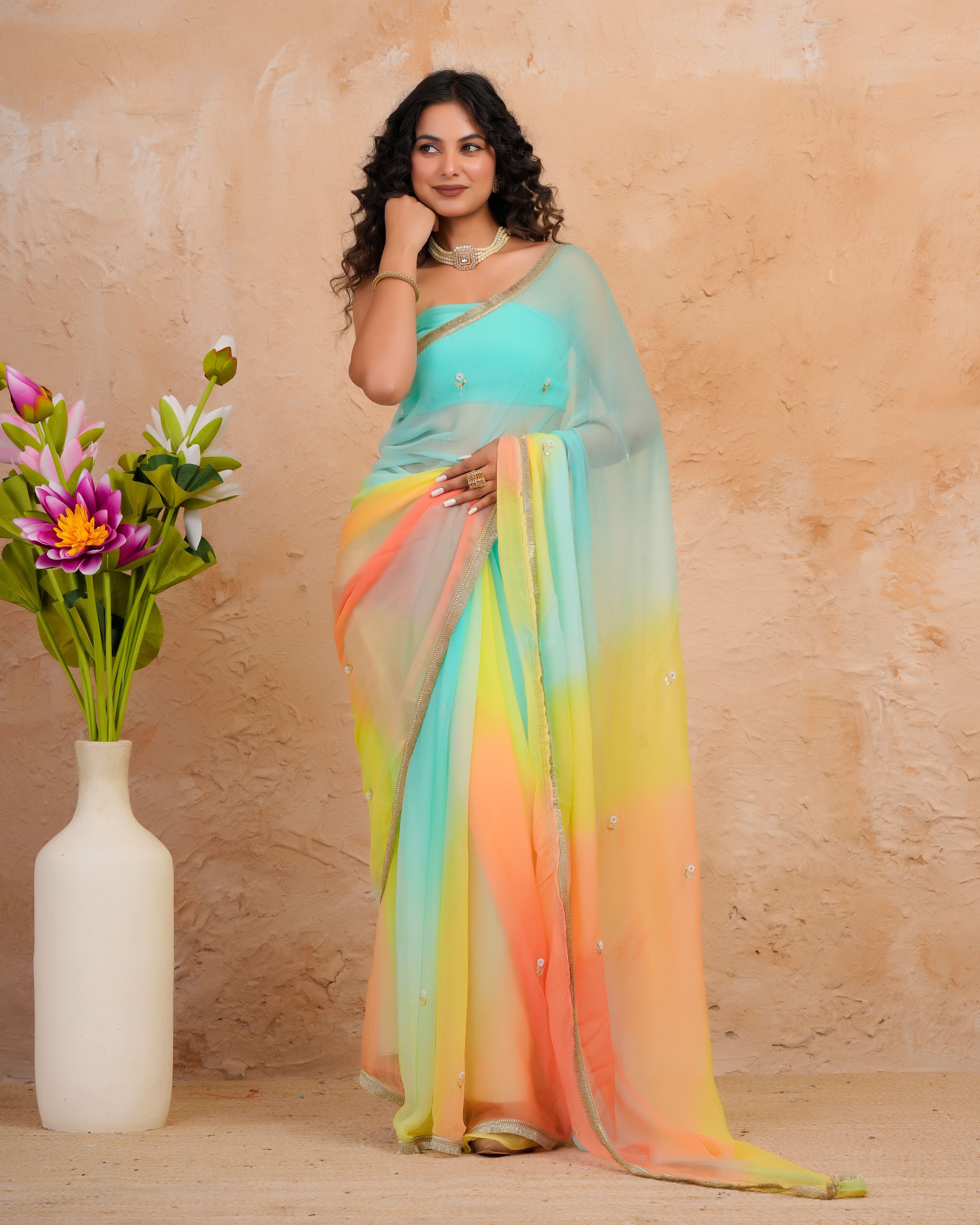 Turquoise Blue & Peach Shaded Chiffon Saree with Aari, Sequins & Pearl Work
