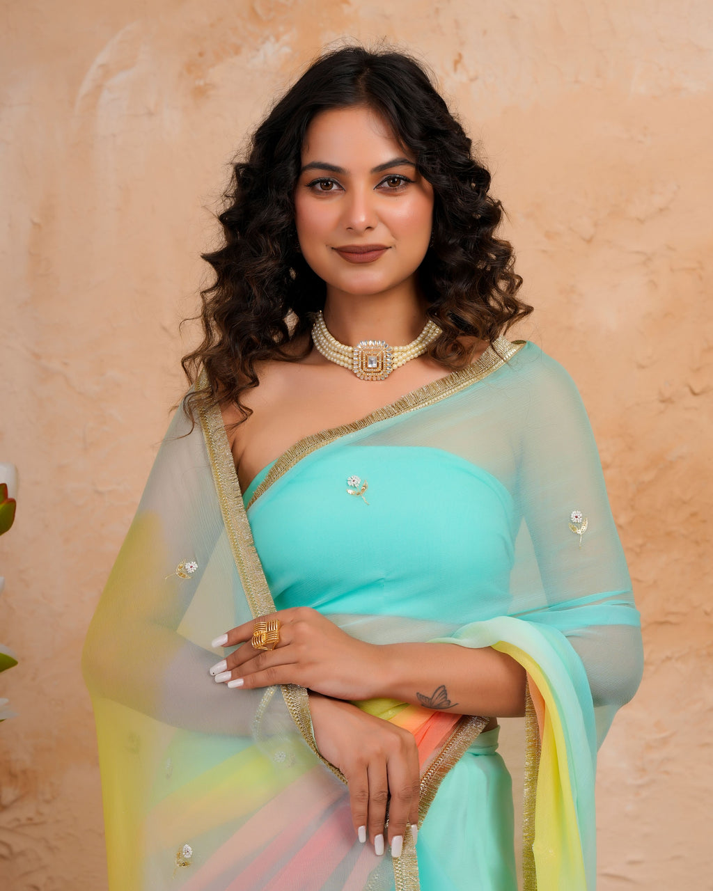 Turquoise Blue & Peach Shaded Chiffon Saree with Aari, Sequins & Pearl Work