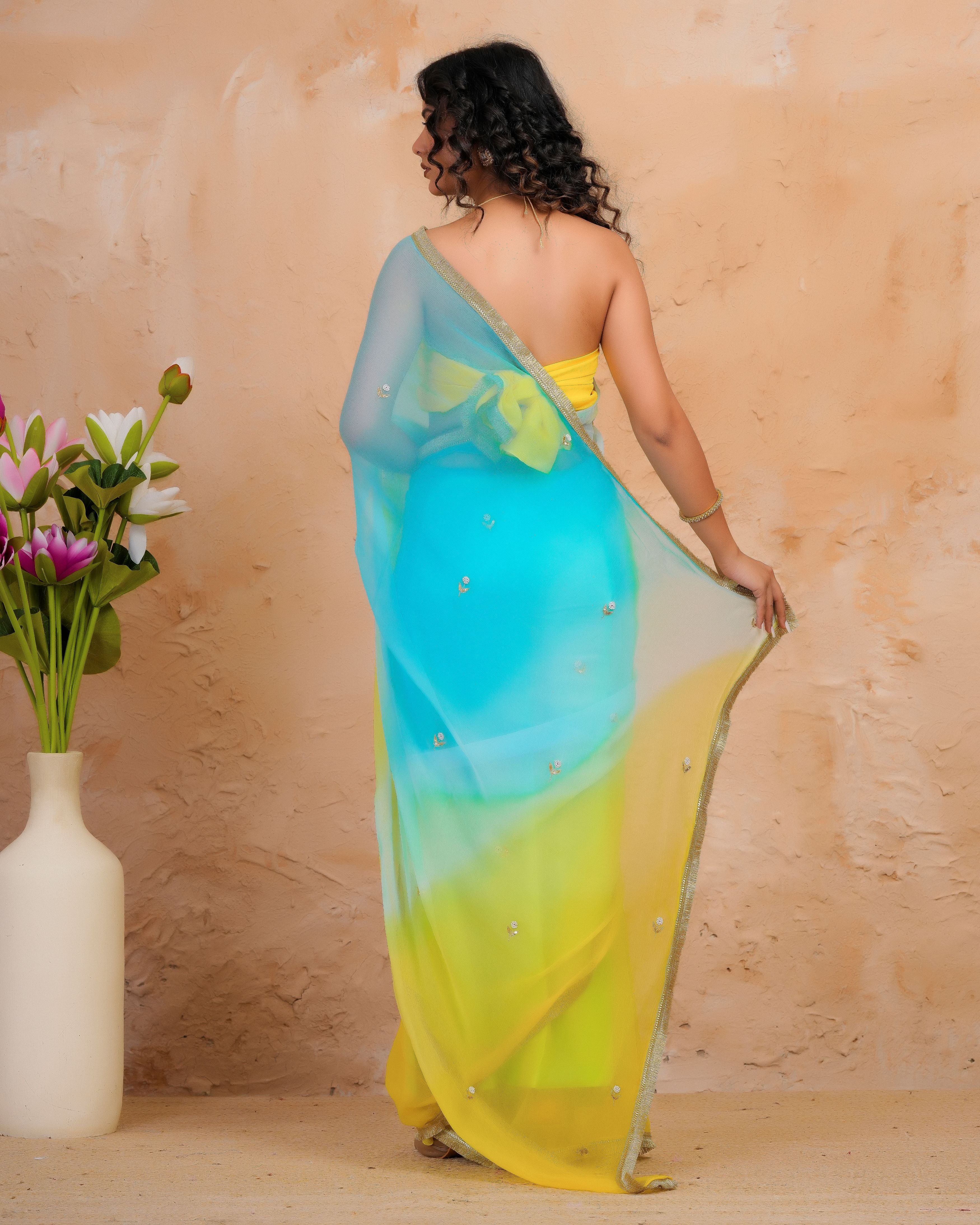 Blue & Yellow Shaded Chiffon Saree with Aari, Sequins & Pearl Work