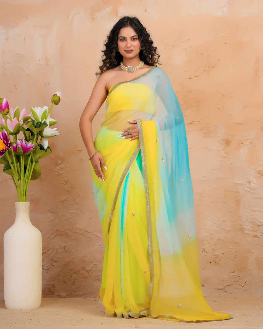 Blue & Yellow Shaded Chiffon Saree with Aari, Sequins & Pearl Work
