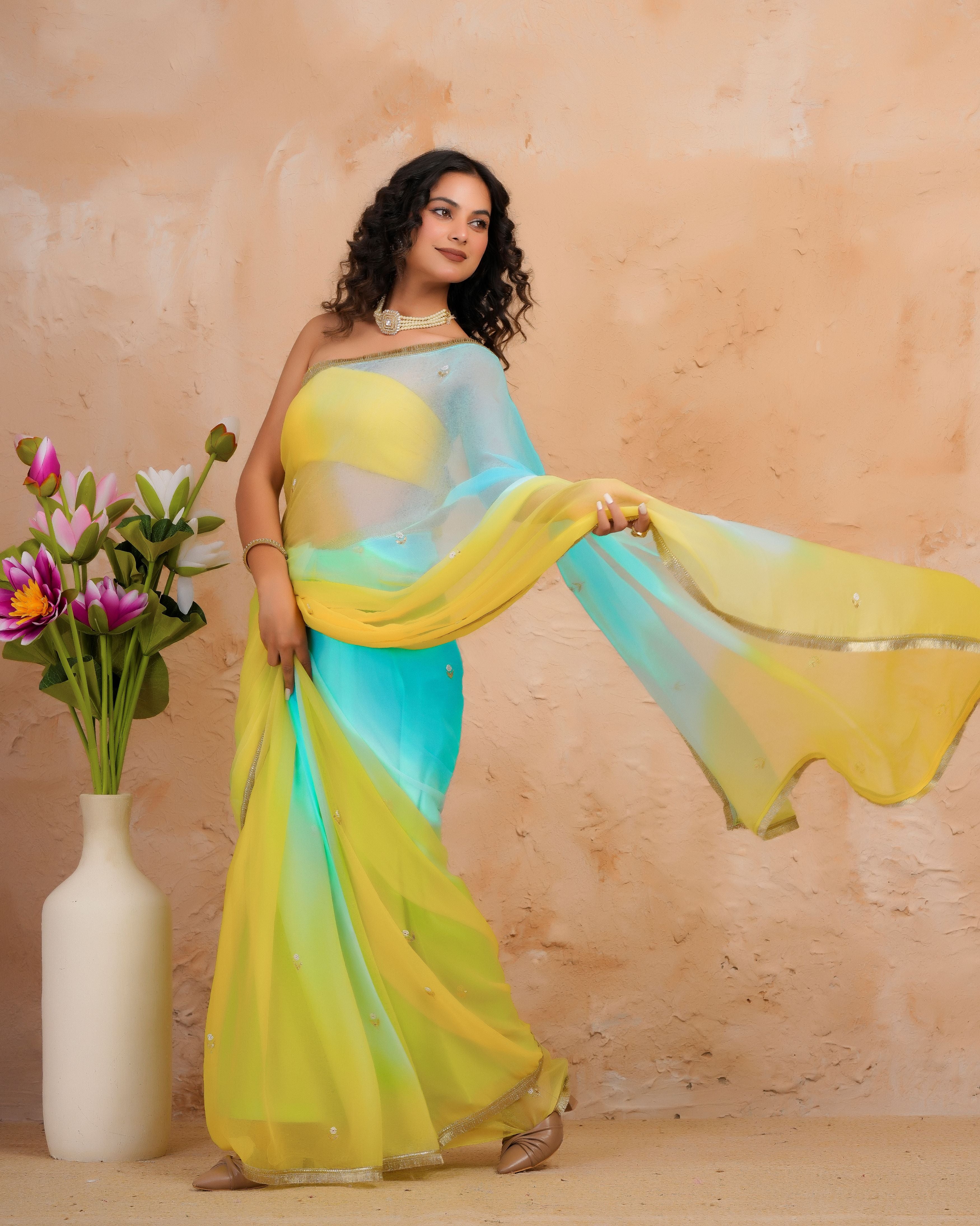Blue & Yellow Shaded Chiffon Saree with Aari, Sequins & Pearl Work
