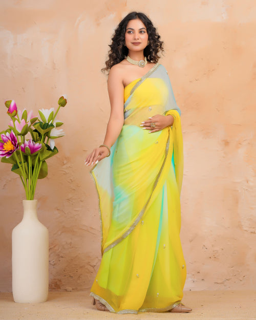 Blue & Yellow Shaded Chiffon Saree with Aari, Sequins & Pearl Work