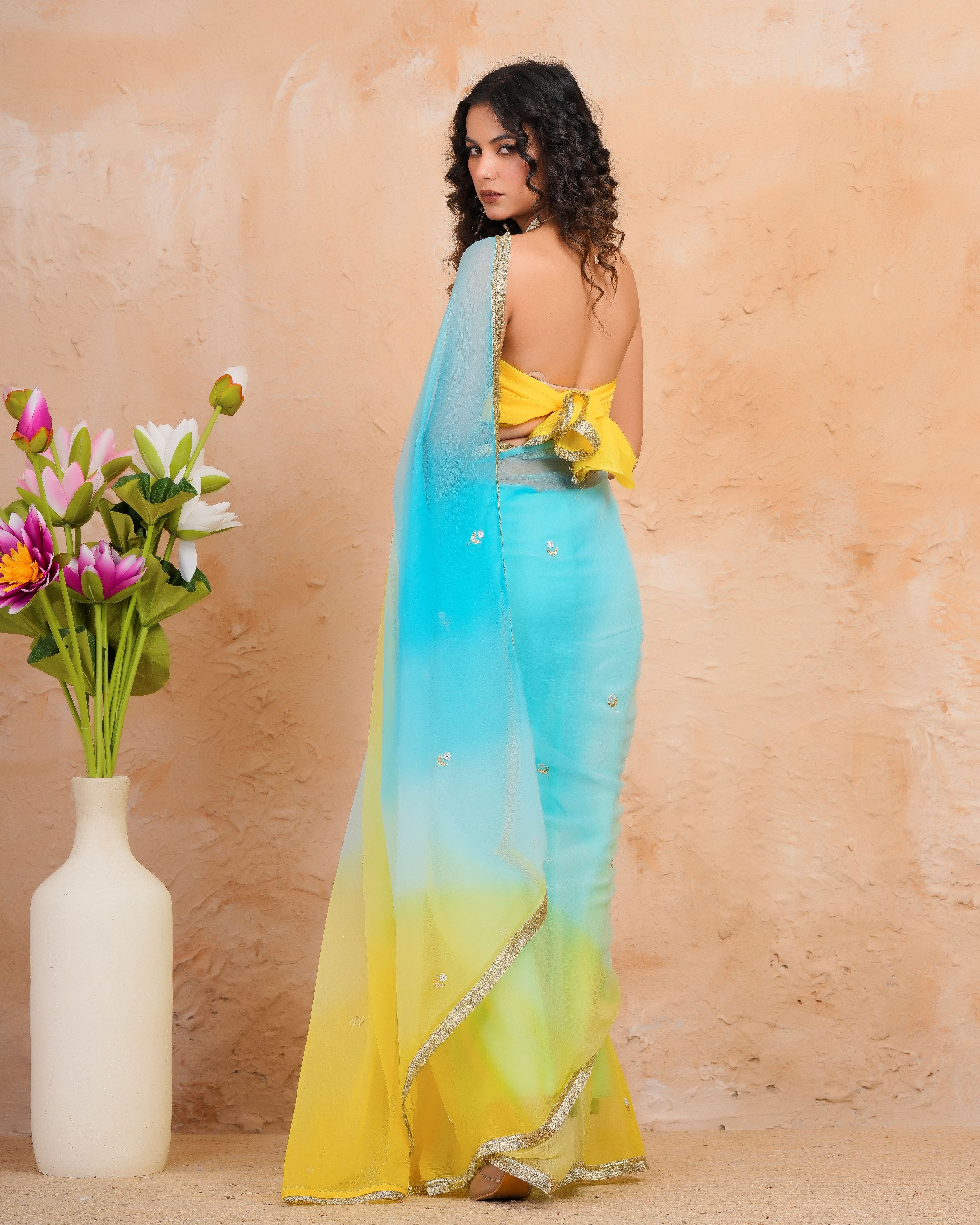 Blue & Yellow Shaded Chiffon Saree with Aari, Sequins & Pearl Work