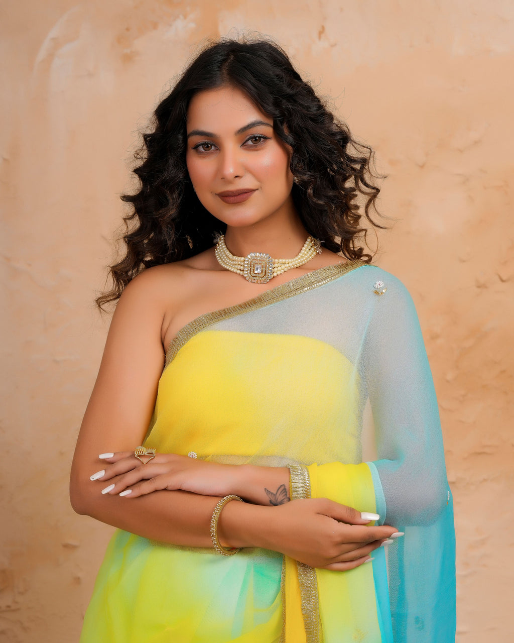 Blue & Yellow Shaded Chiffon Saree with Aari, Sequins & Pearl Work