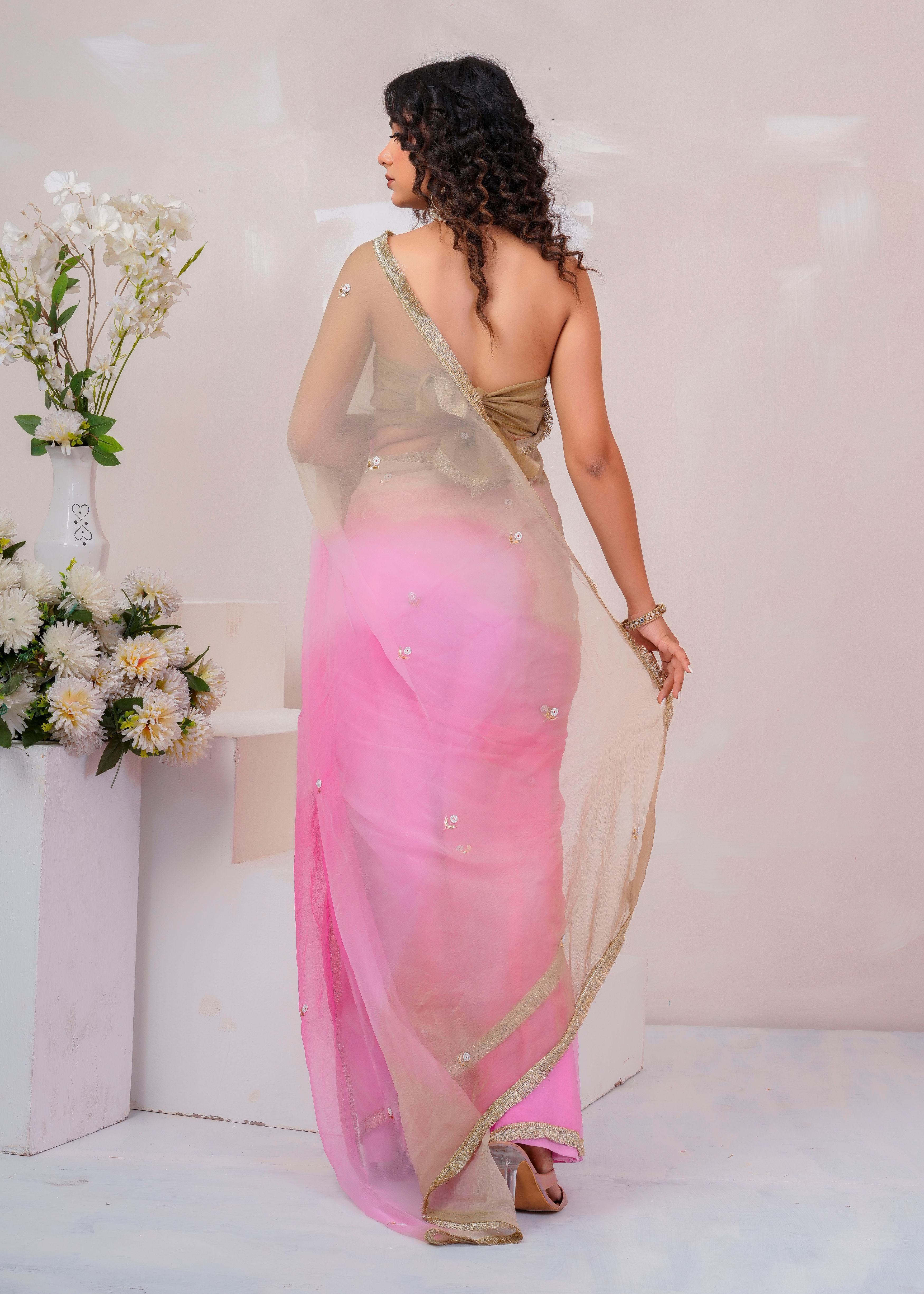 Beige & Pink Shaded Chiffon Saree with Aari, Sequins & Pearl Work