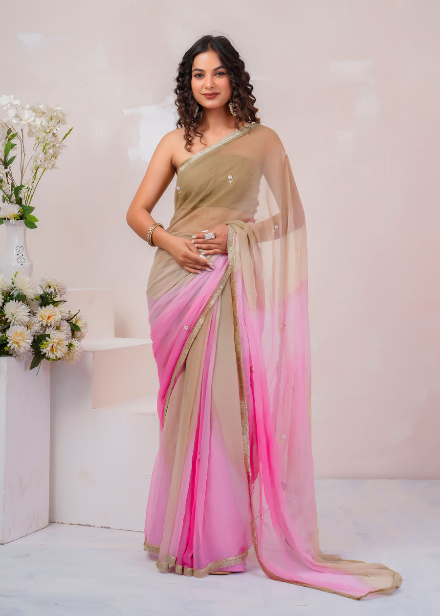 Beige & Pink Shaded Chiffon Saree with Aari, Sequins & Pearl Work