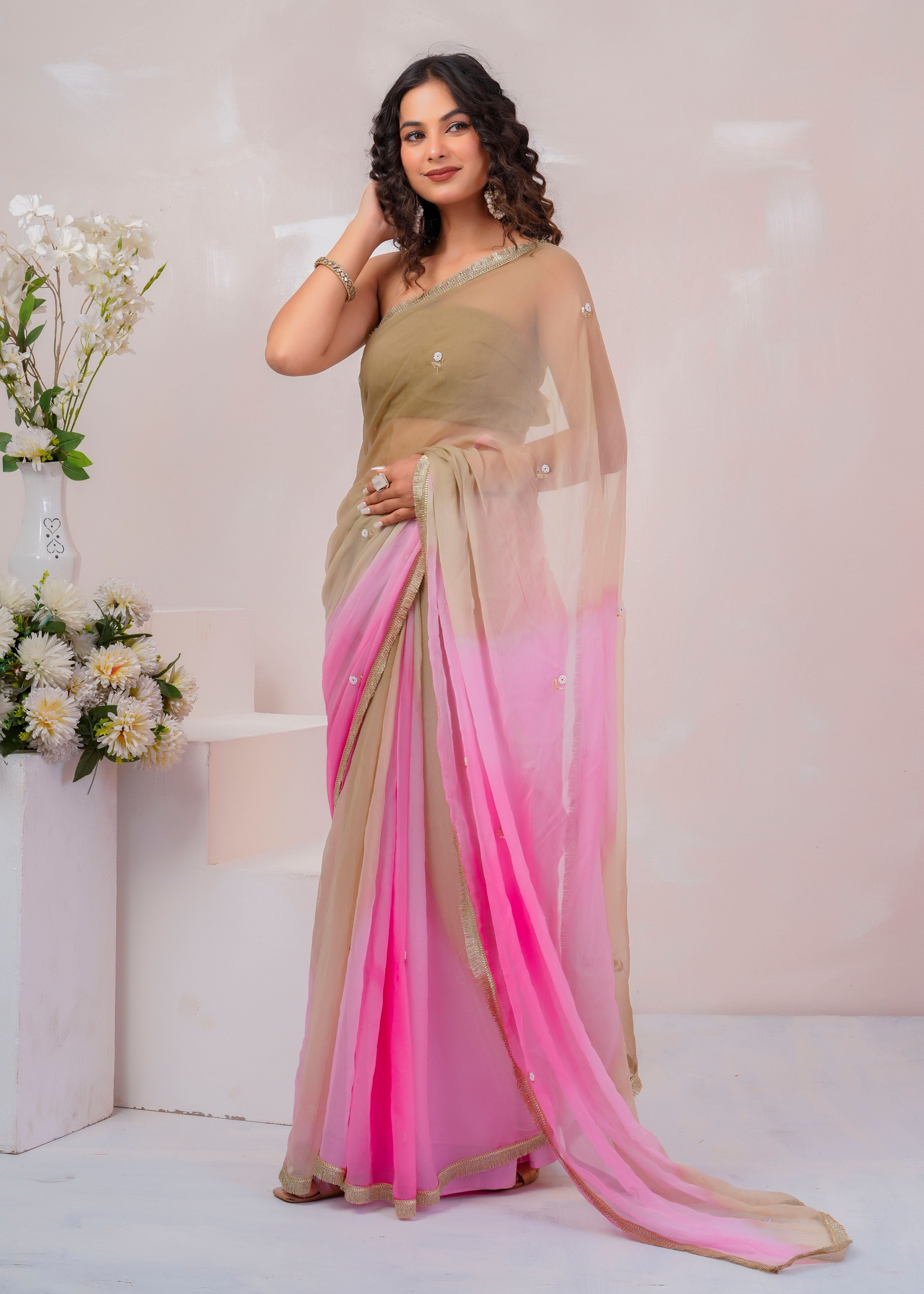 Beige & Pink Shaded Chiffon Saree with Aari, Sequins & Pearl Work