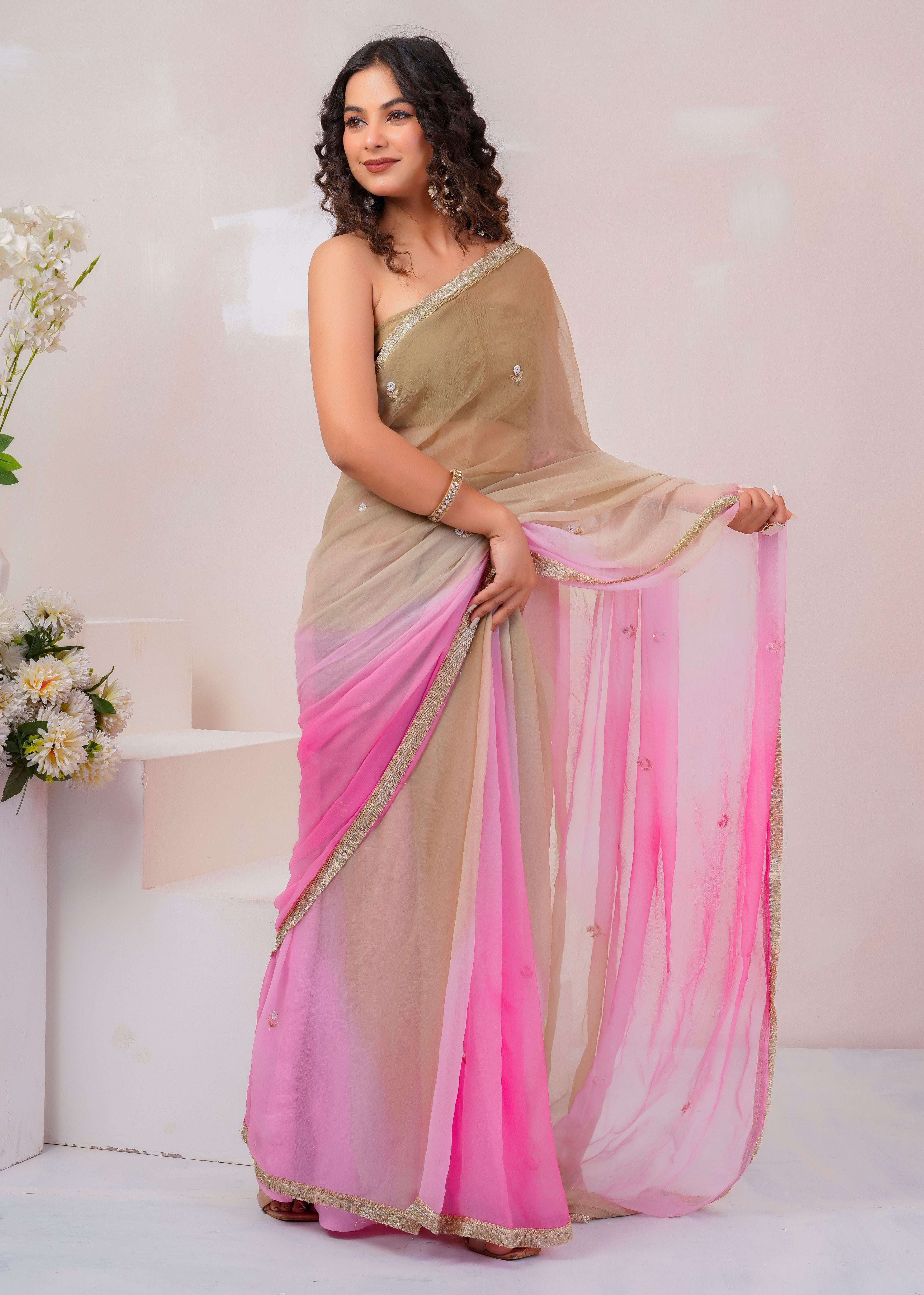 Beige & Pink Shaded Chiffon Saree with Aari, Sequins & Pearl Work