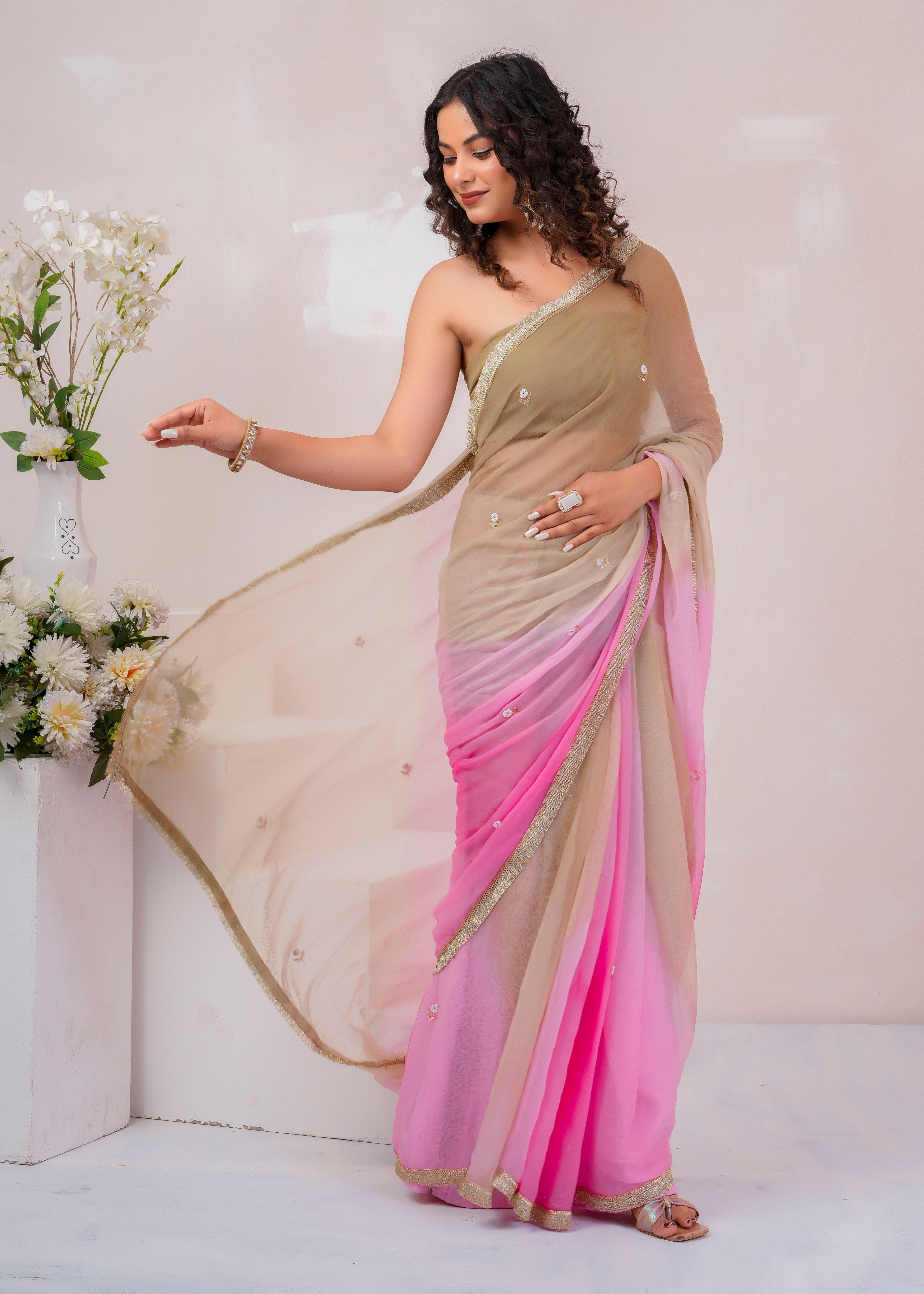 Beige & Pink Shaded Chiffon Saree with Aari, Sequins & Pearl Work