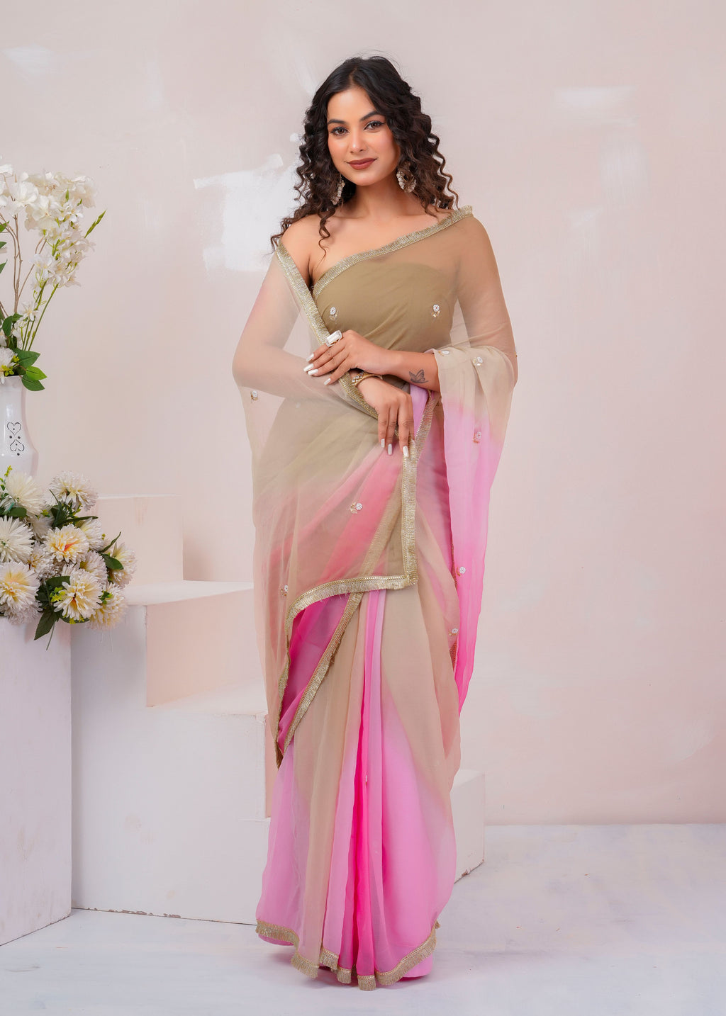 Beige & Pink Shaded Chiffon Saree with Aari, Sequins & Pearl Work