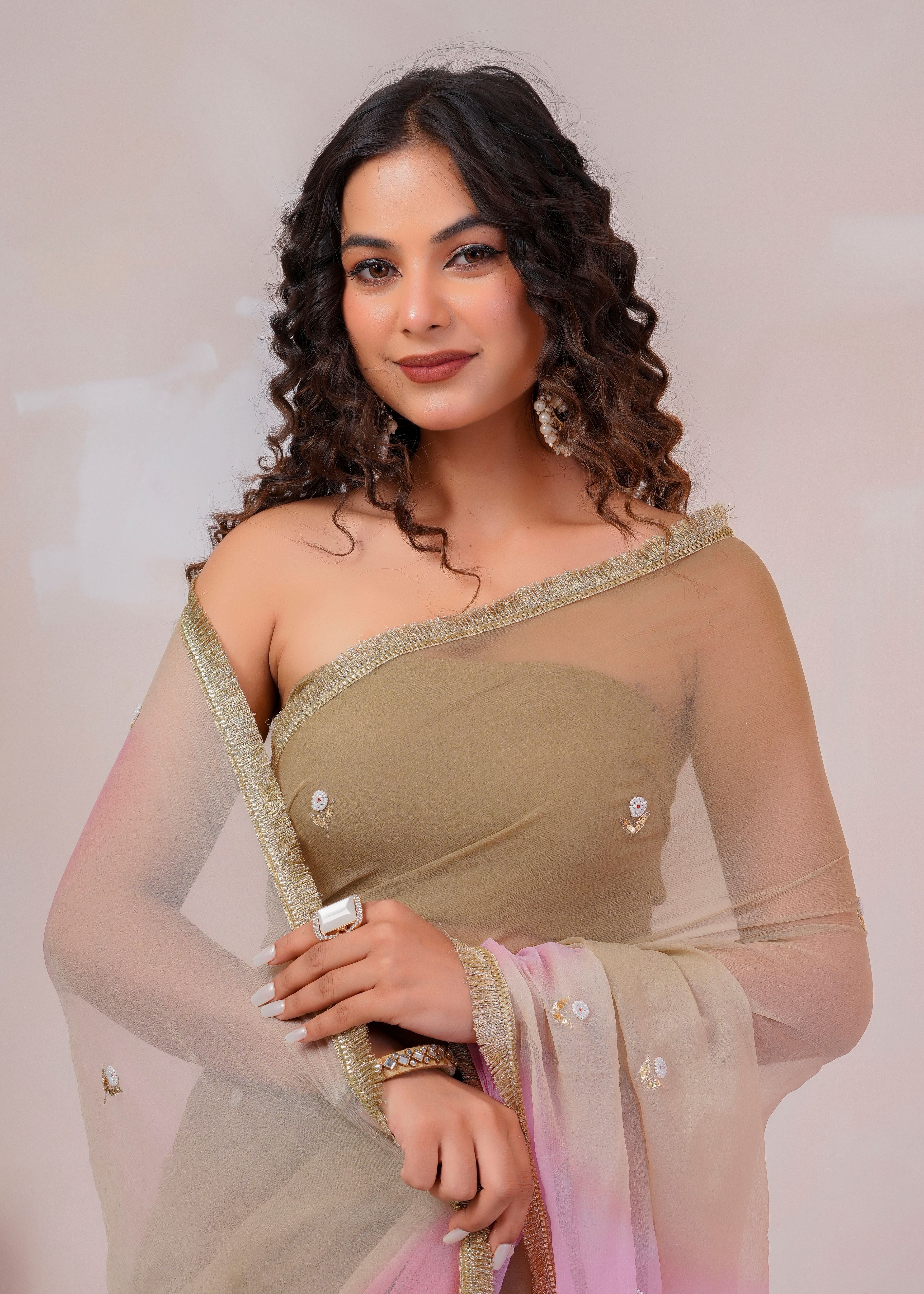 Beige & Pink Shaded Chiffon Saree with Aari, Sequins & Pearl Work