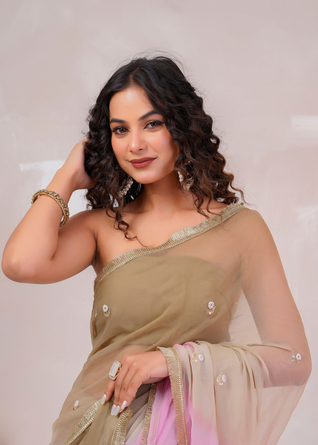 Beige & Pink Shaded Chiffon Saree with Aari, Sequins & Pearl Work