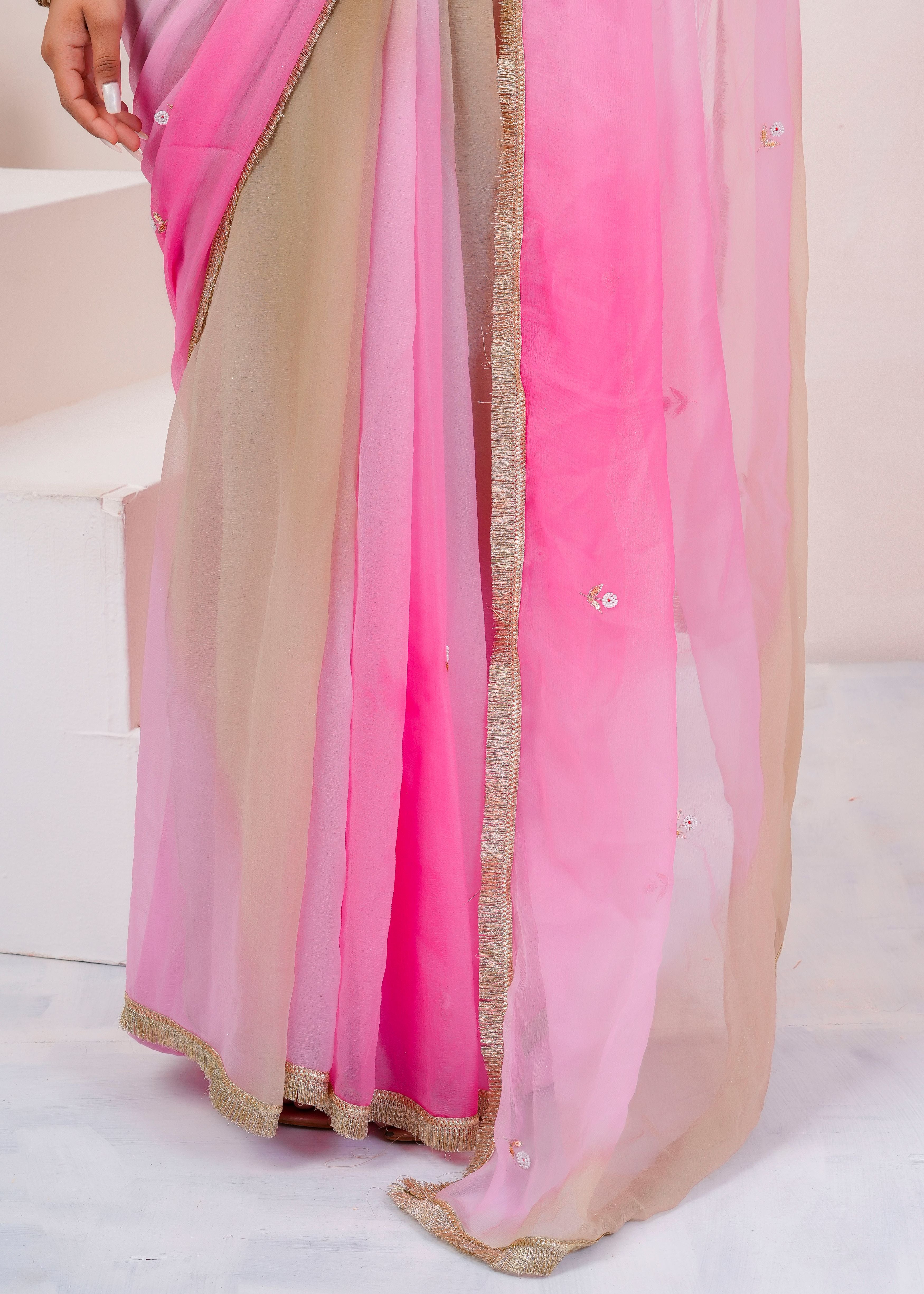 Beige & Pink Shaded Chiffon Saree with Aari, Sequins & Pearl Work