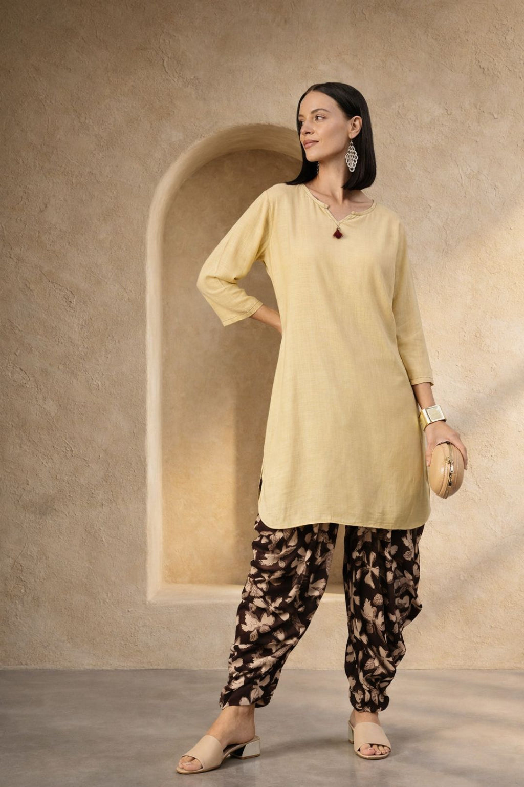 Beige Rayon Dhoti with Cotton Top