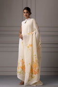 Beige Hand Painted Organza Dupatta With Crochet Lace